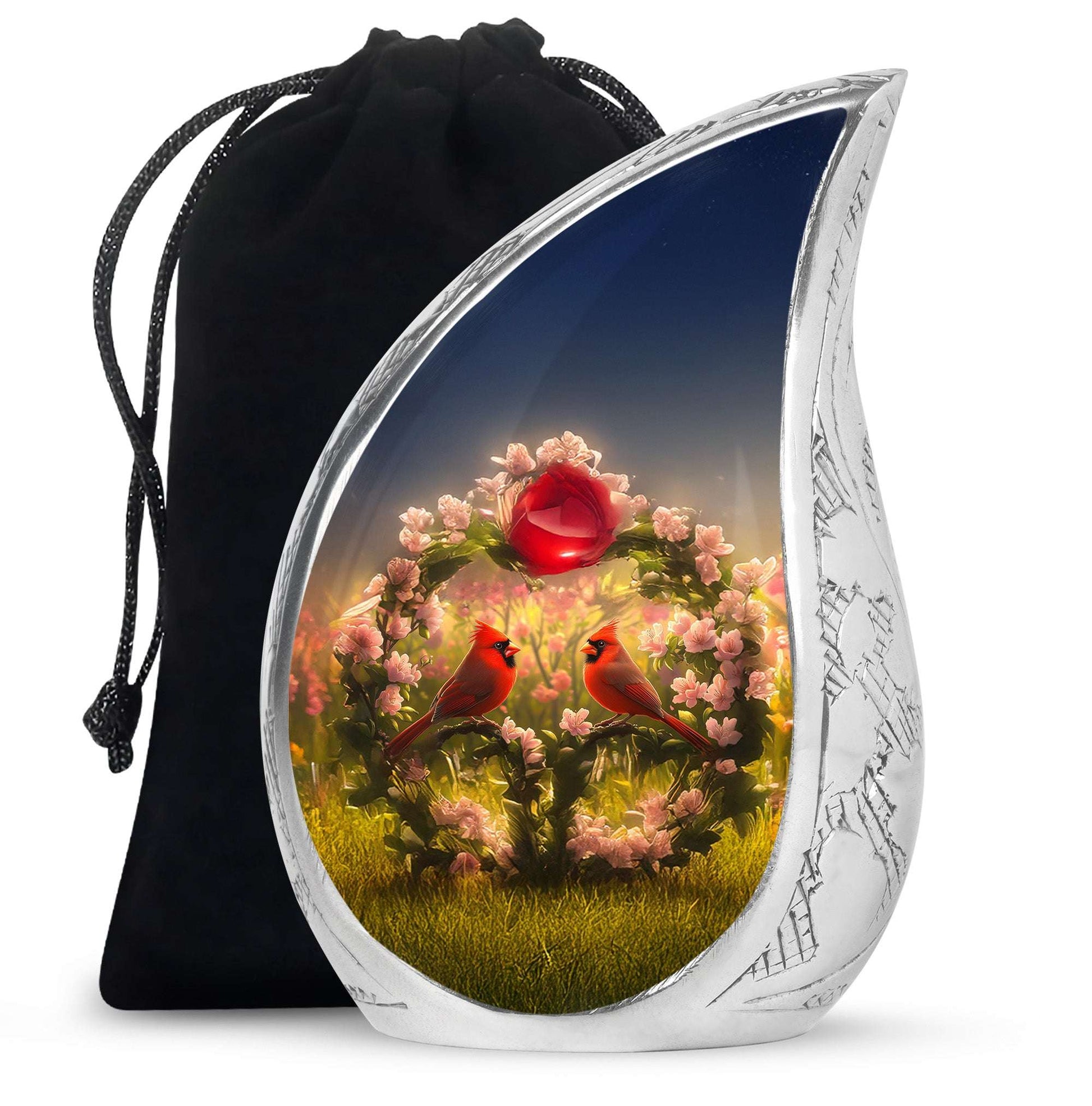 Red Cardinal Bird Urn For Cremation – Floral Memorial Urn for Human Ashes