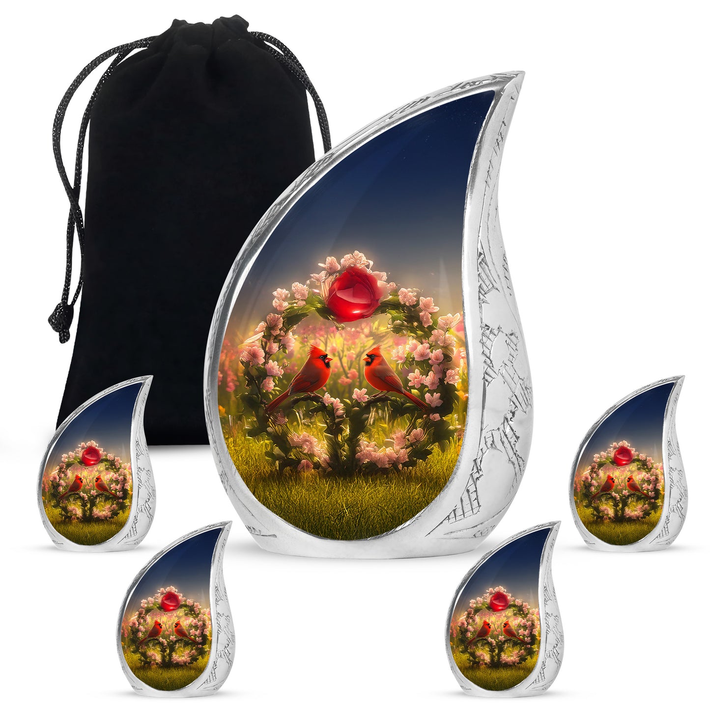Indigo Cardinal Cremation Urn side profile showing urn shape - flowing teardrop cardinal silhouette on curved aluminum - memorial set with one large and four small urns