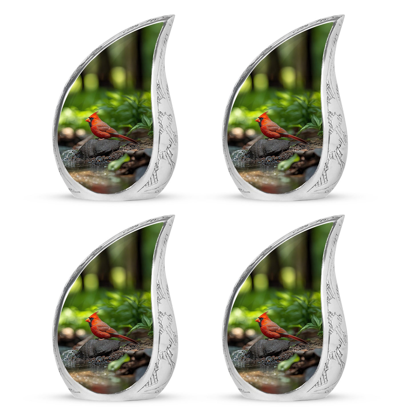 Pine Green Cardinal Cremation Urn close-up of engraving and surface detail - smooth teardrop contour featuring cardinal art - 10 inch aluminum urn for cremated remains