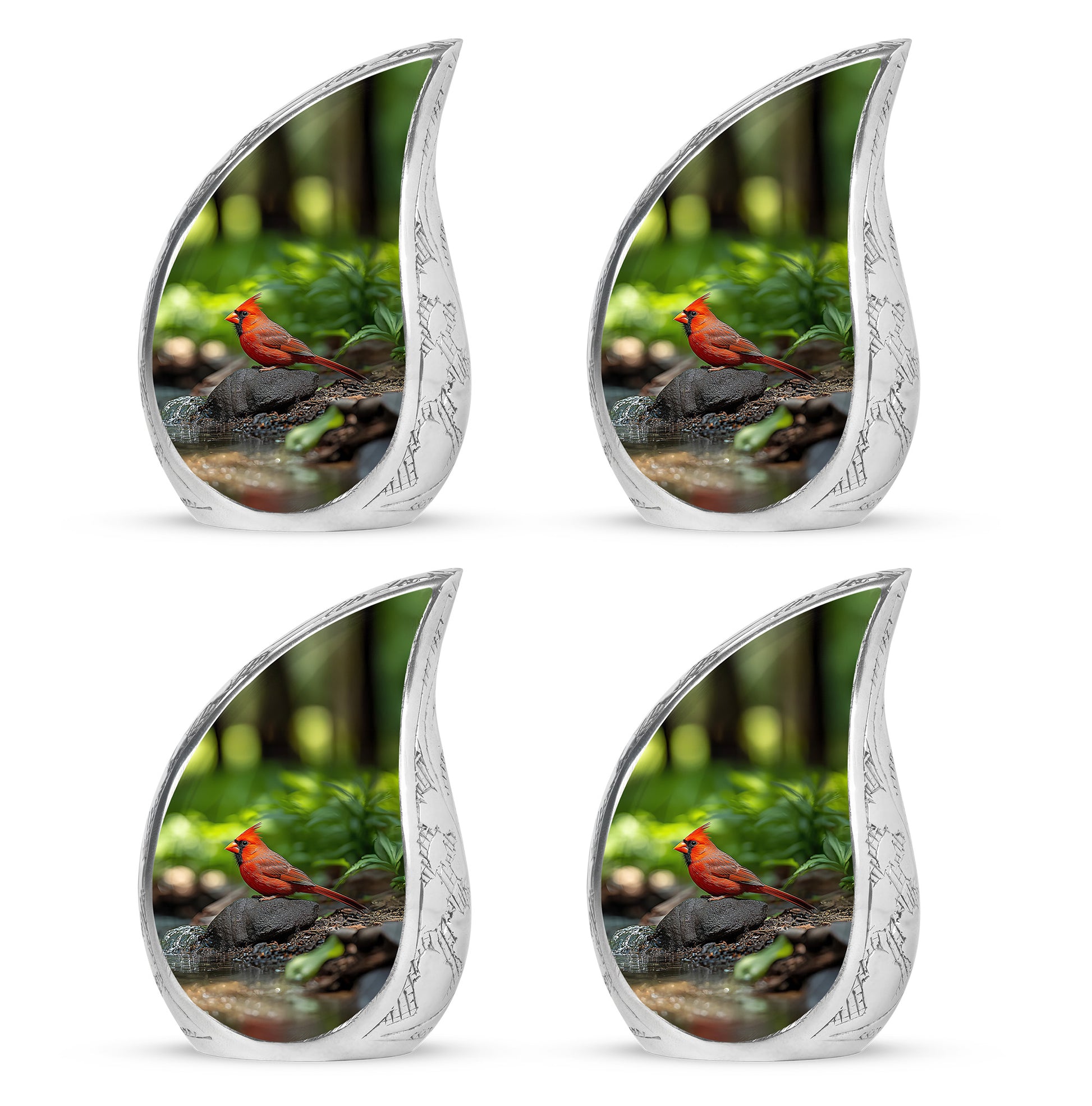 Pine Green Cardinal Cremation Urn close-up of engraving and surface detail - smooth teardrop contour featuring cardinal art - 10 inch aluminum urn for cremated remains