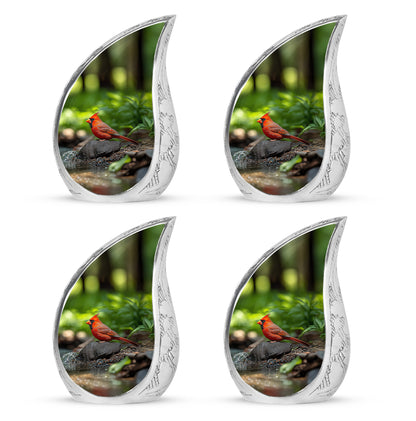 Pine Green Cardinal Cremation Urn close-up of engraving and surface detail - smooth teardrop contour featuring cardinal art - 10 inch aluminum urn for cremated remains