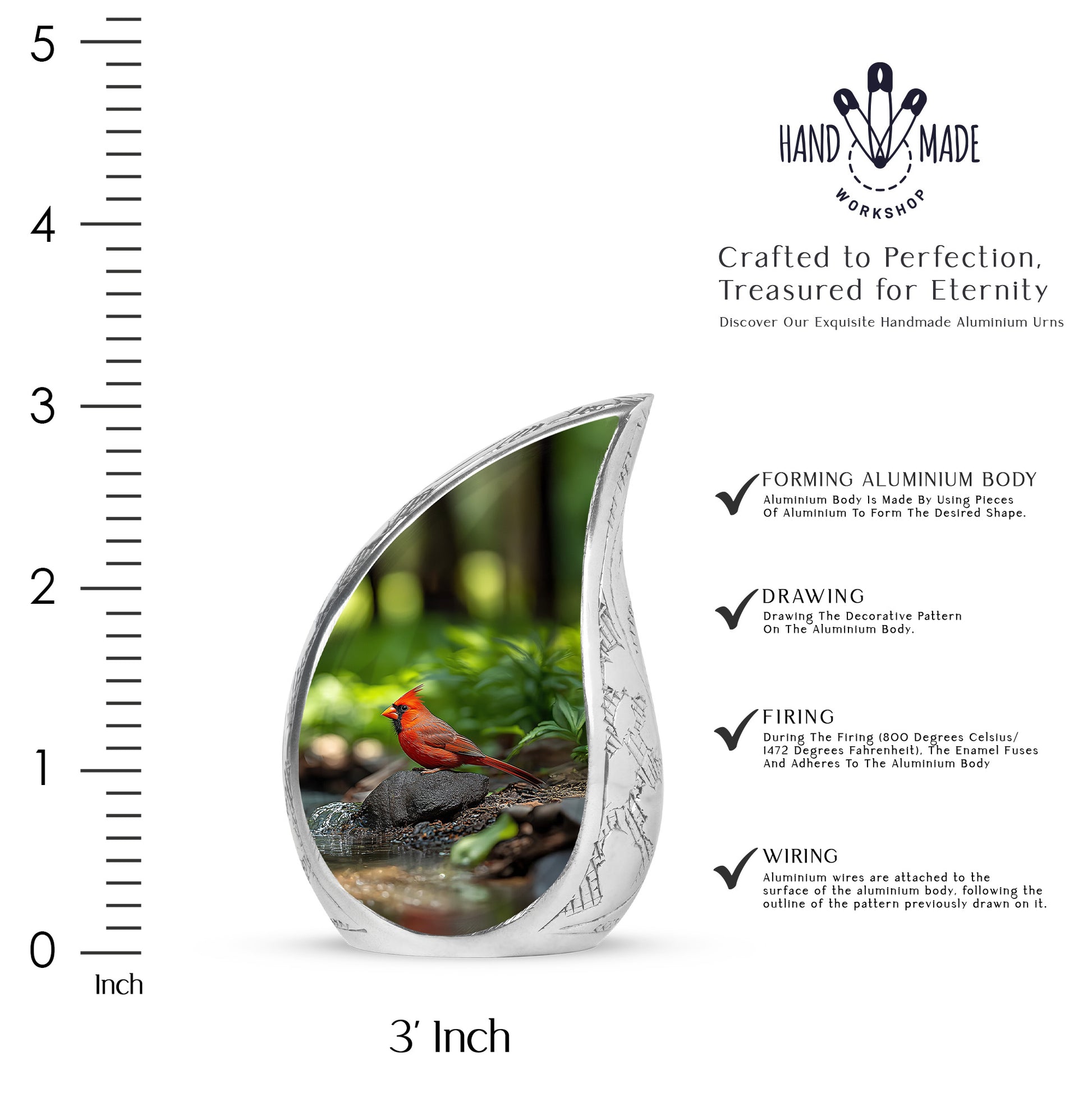 Forest Green Cardinal Cremation Urn angled view of lid and engraved motif - graceful tear-shaped urn with cardinal motif - mini keepsake memorial for portion of cremation ashes