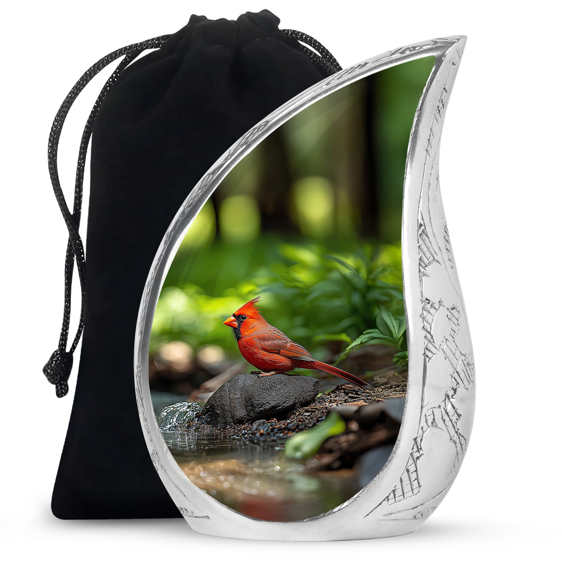 Hunter Green Cardinal Cremation Urn front view showing detailed design - graceful tear-shaped urn with cardinal motif - full-size 10 inch 200 cubic inch adult cremation urn