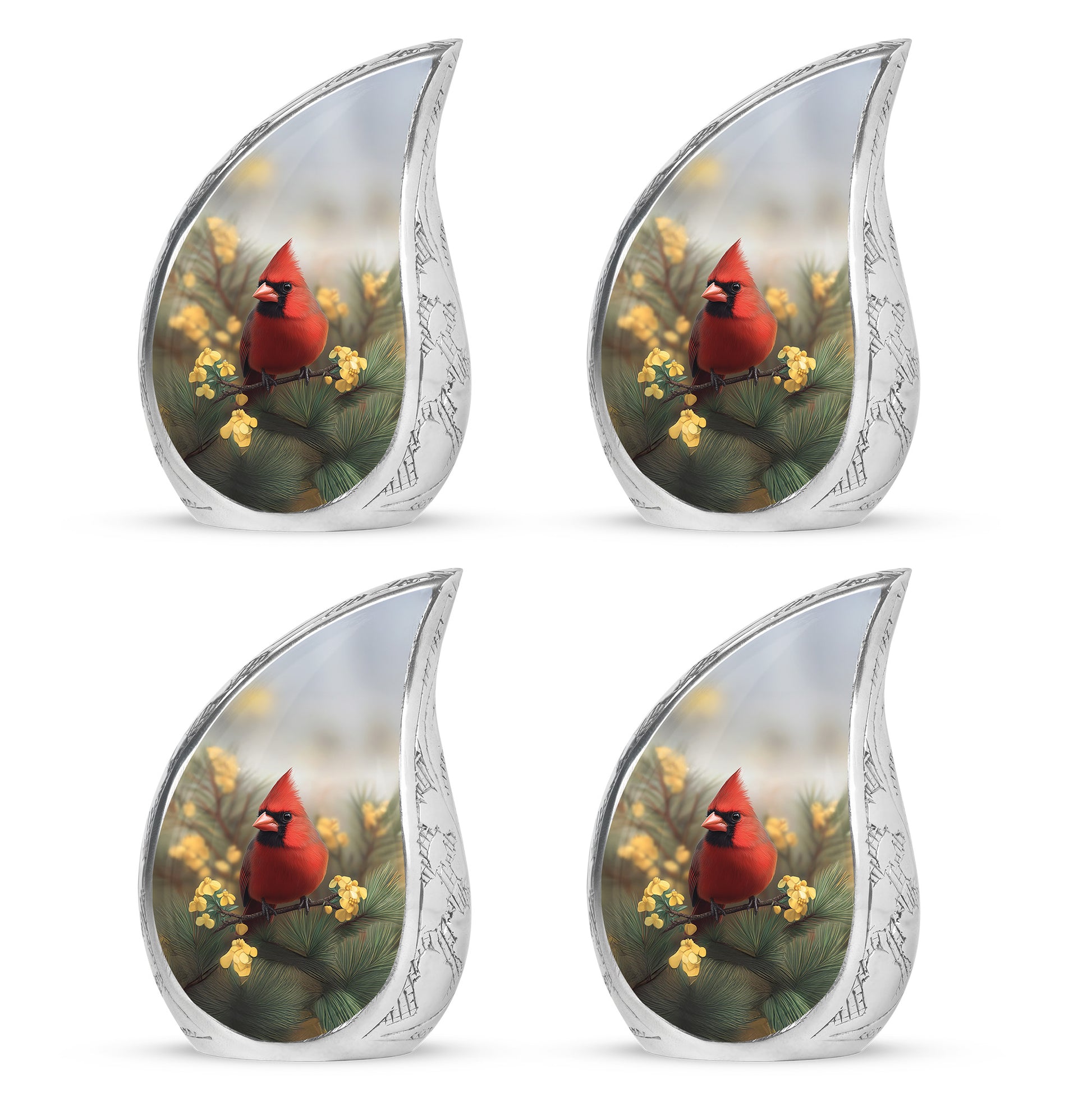 Silver Gray Cardinal Cremation Urn close-up of engraving and surface detail - flowing teardrop cardinal silhouette on curved aluminum - 10 inch aluminum urn for cremated remains