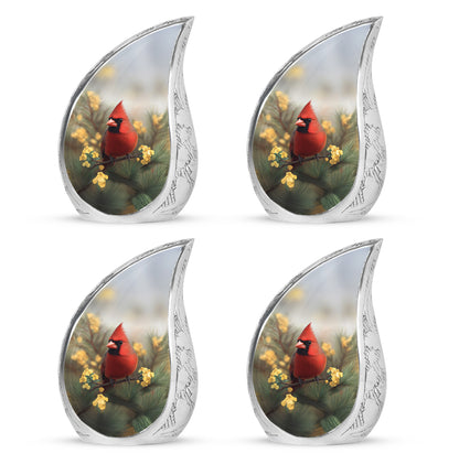 Silver Gray Cardinal Cremation Urn close-up of engraving and surface detail - flowing teardrop cardinal silhouette on curved aluminum - 10 inch aluminum urn for cremated remains