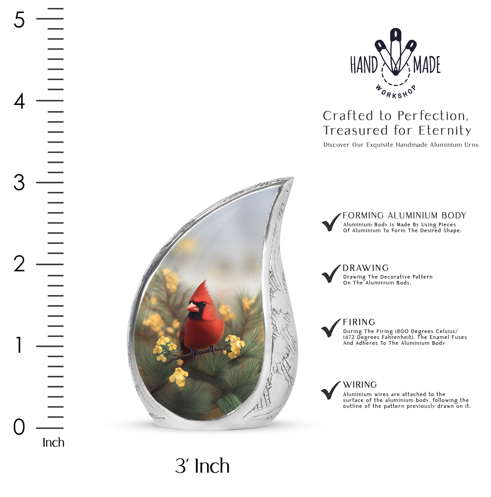 Ash Gray Cardinal Cremation Urn angled view of lid and engraved motif - graceful tear-shaped urn with cardinal motif - mini keepsake memorial for portion of cremation ashes