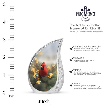 Ash Gray Cardinal Cremation Urn angled view of lid and engraved motif - graceful tear-shaped urn with cardinal motif - mini keepsake memorial for portion of cremation ashes