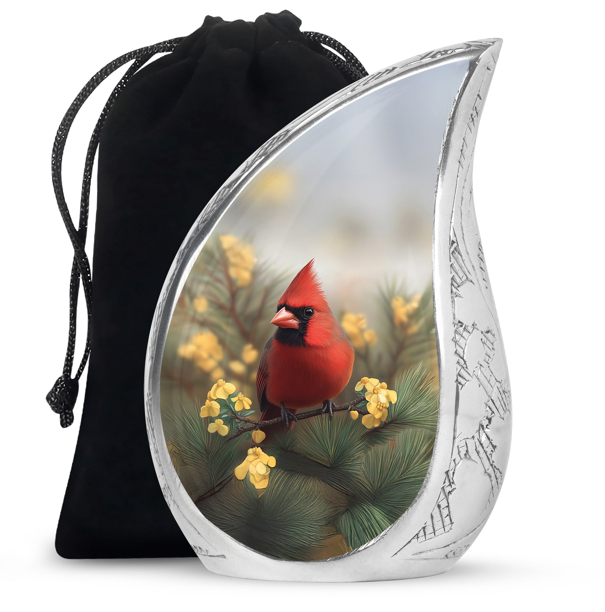 Silver Gray Cardinal Cremation Urn front view showing detailed design - rounded teardrop cardinal design with delicate detail - full-size 10 inch 200 cubic inch adult cremation urn