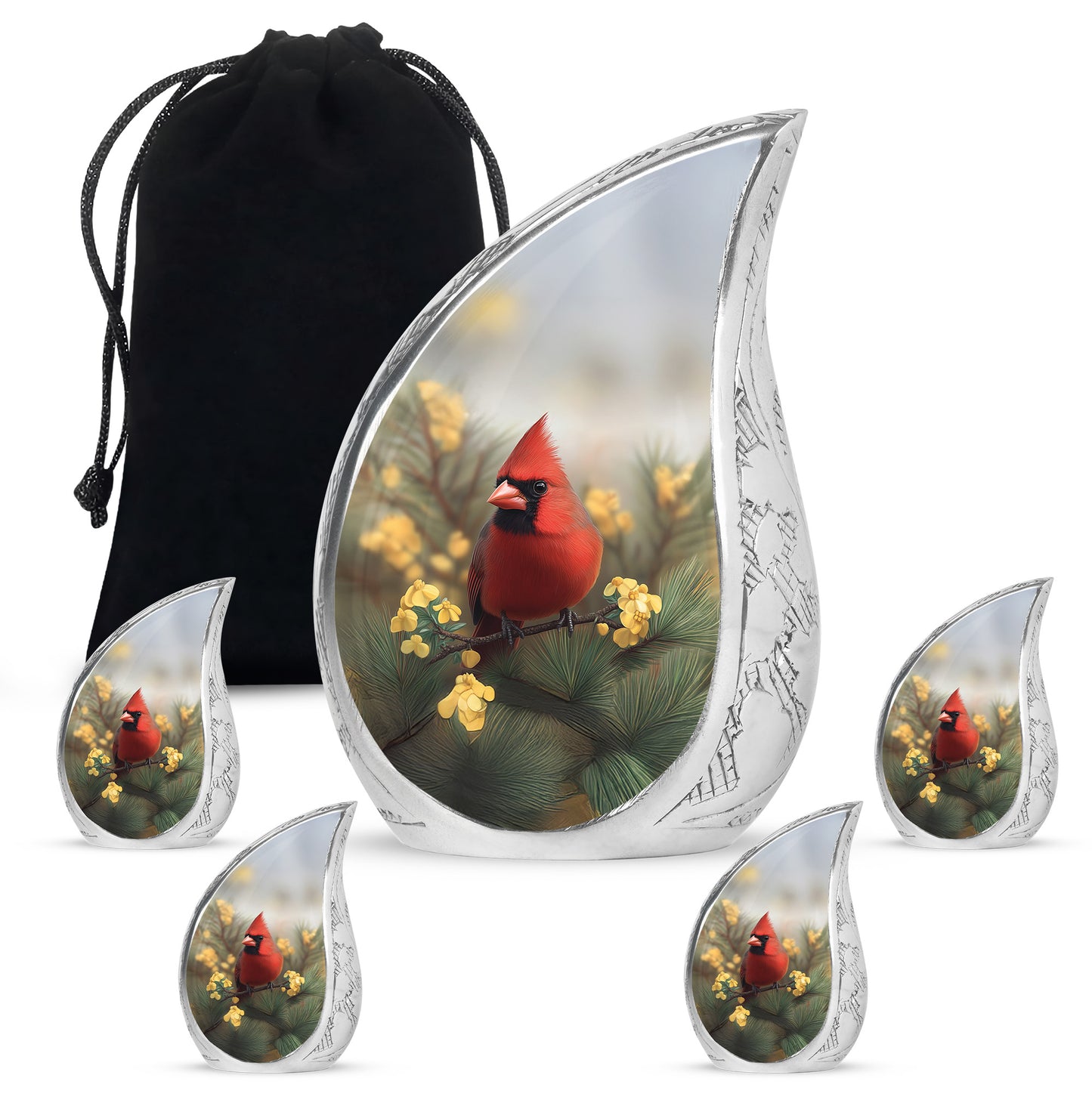 Ash Gray Cardinal Cremation Urn side profile showing urn shape - graceful tear-shaped urn with cardinal motif - memorial set with one large and four small urns