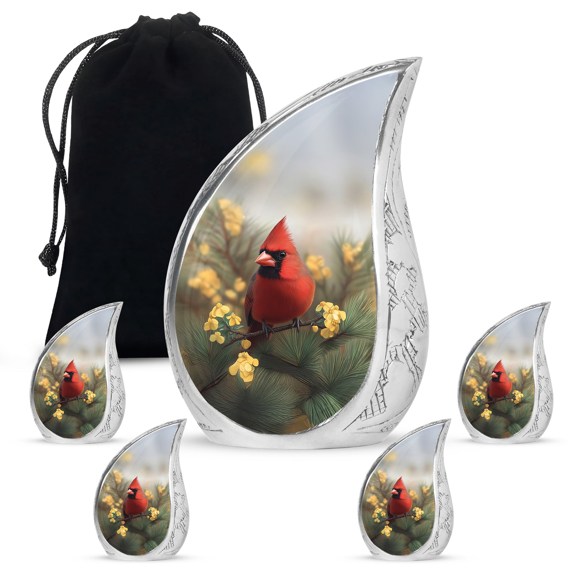 Ash Gray Cardinal Cremation Urn side profile showing urn shape - graceful tear-shaped urn with cardinal motif - memorial set with one large and four small urns