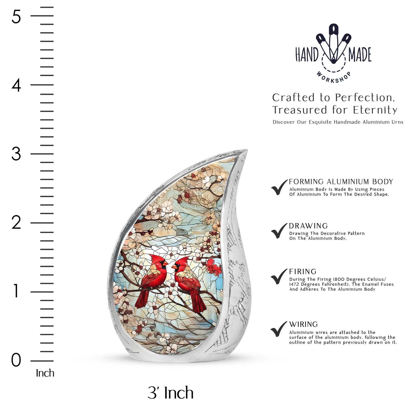 Royal Gold Cardinal Cremation Urn angled view of lid and engraved motif - graceful tear-shaped urn with cardinal motif - mini keepsake memorial for portion of cremation ashes