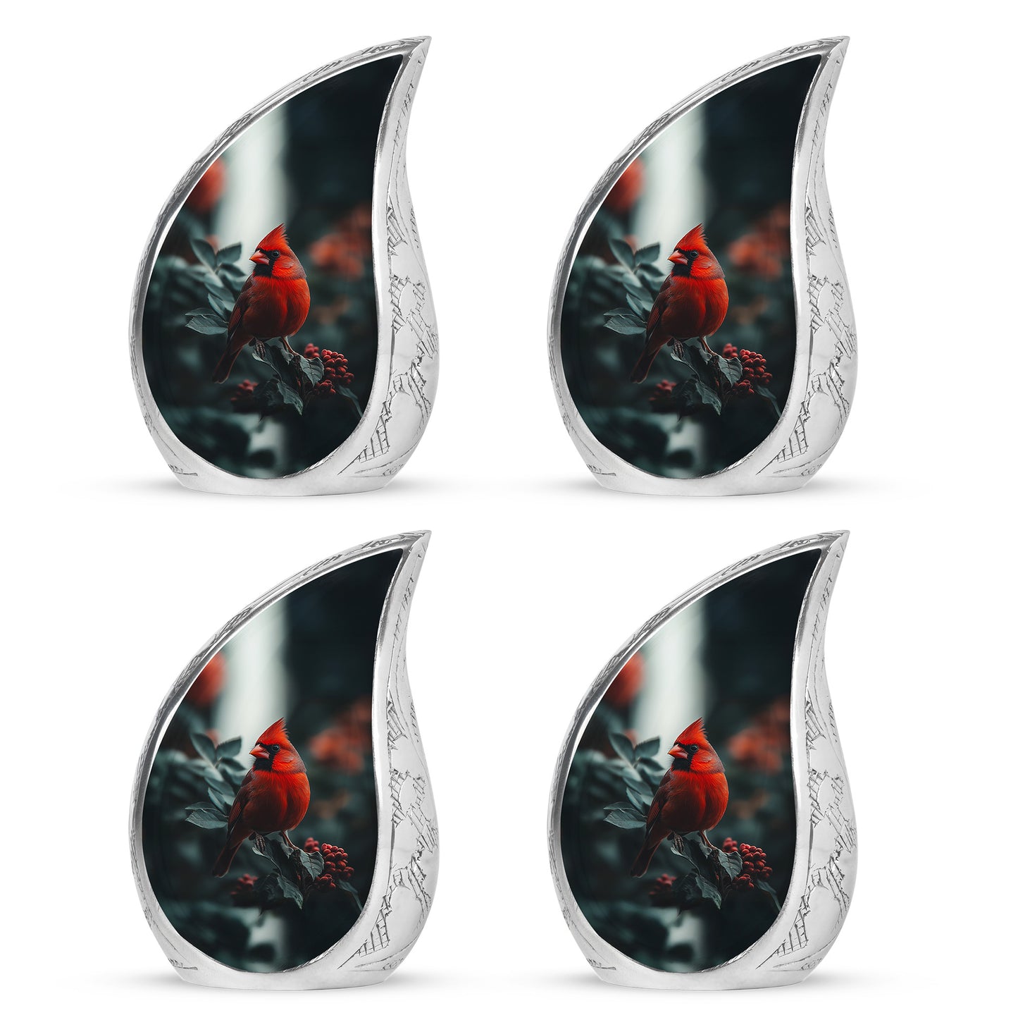 Jet Black Cardinal Cremation Urn close-up of engraving and surface detail - flowing teardrop cardinal silhouette on curved aluminum - 10 inch aluminum urn for cremated remains