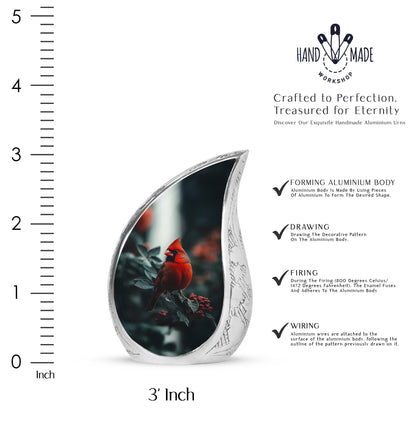 Jet Black Cardinal Cremation Urn angled view of lid and engraved motif - rounded teardrop cardinal design with delicate detail - mini keepsake memorial for portion of cremation ashes