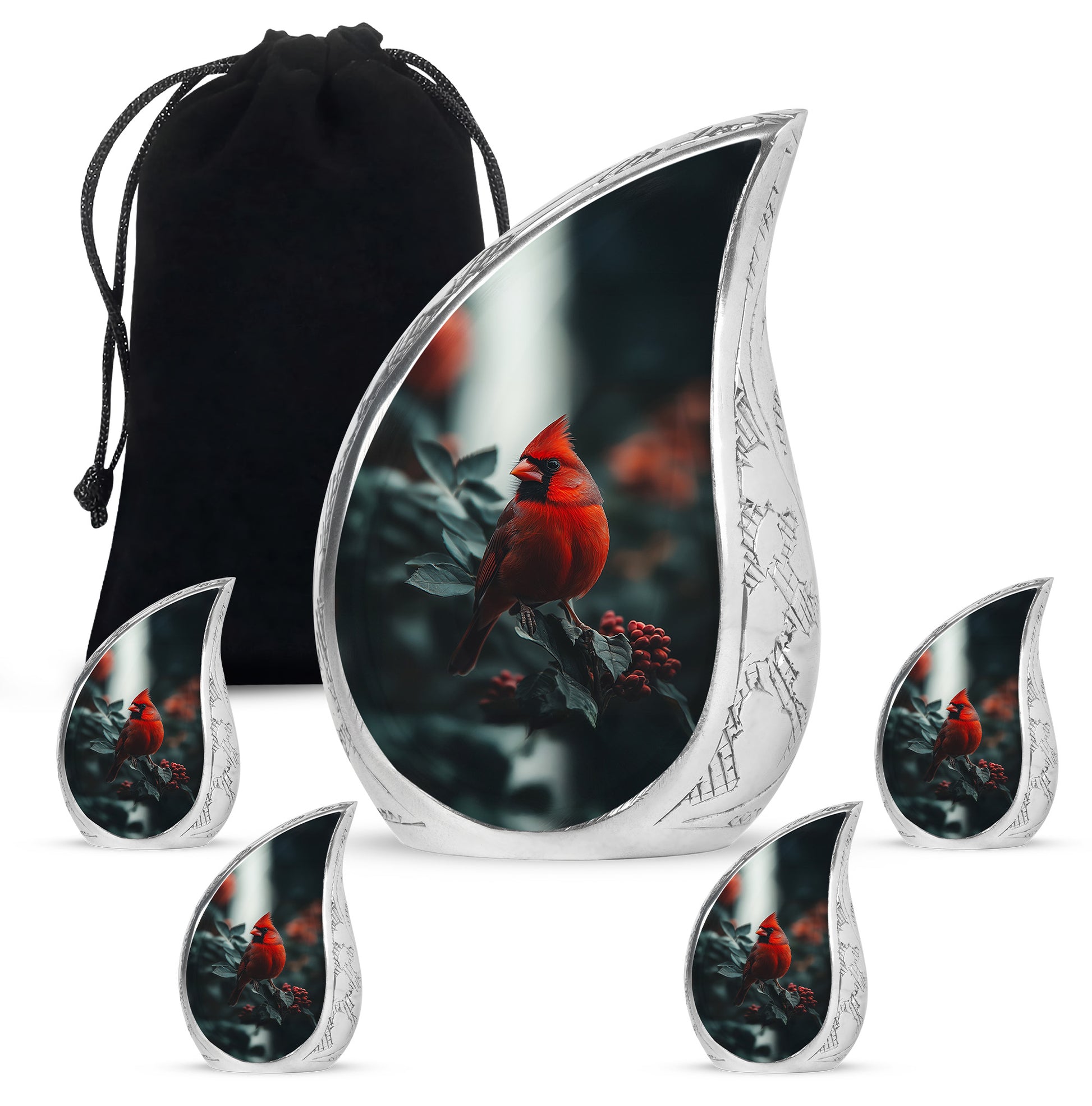 Rich Black Cardinal Cremation Urn side profile showing urn shape - flowing teardrop cardinal silhouette on curved aluminum - memorial set with one large and four small urns