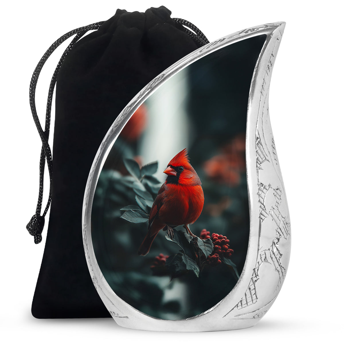 Jet Black Cardinal Cremation Urn front view showing detailed design - rounded teardrop cardinal design with delicate detail - full-size 10 inch 200 cubic inch adult cremation urn
