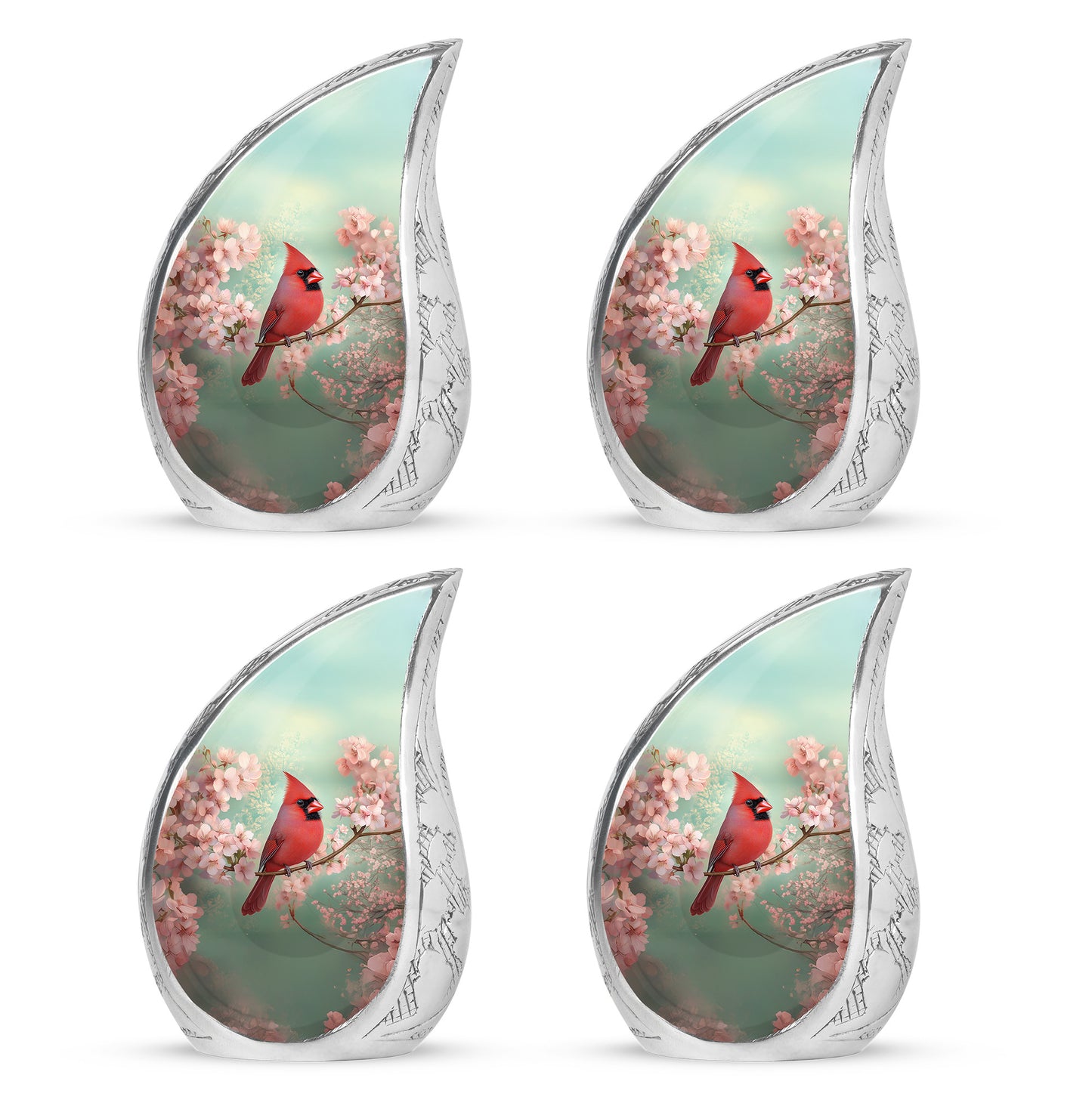 Sage Green Cardinal Cremation Urn close-up of engraving and surface detail - flowing teardrop cardinal silhouette on curved aluminum - 10 inch aluminum urn for cremated remains