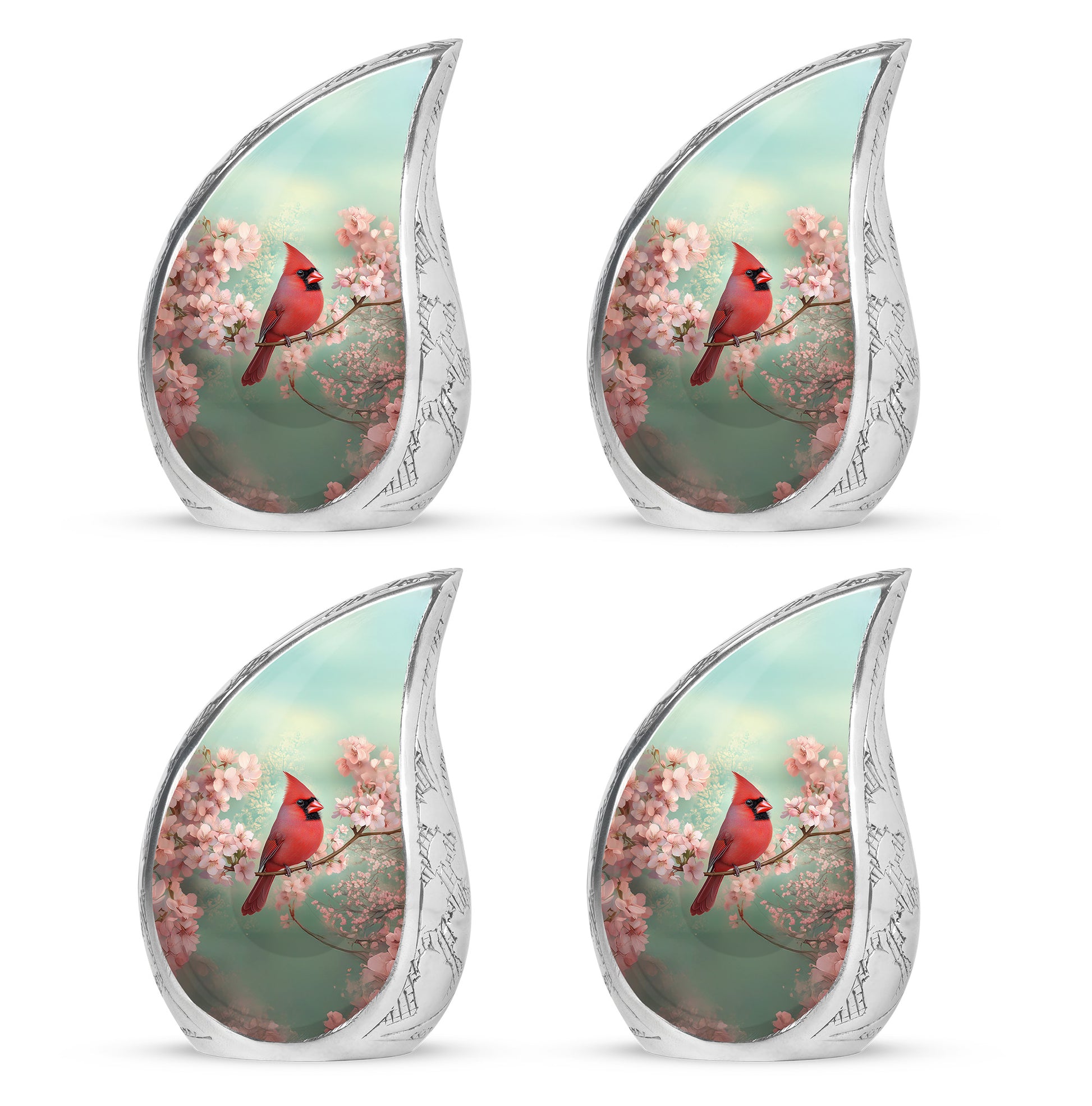 Sage Green Cardinal Cremation Urn close-up of engraving and surface detail - flowing teardrop cardinal silhouette on curved aluminum - 10 inch aluminum urn for cremated remains