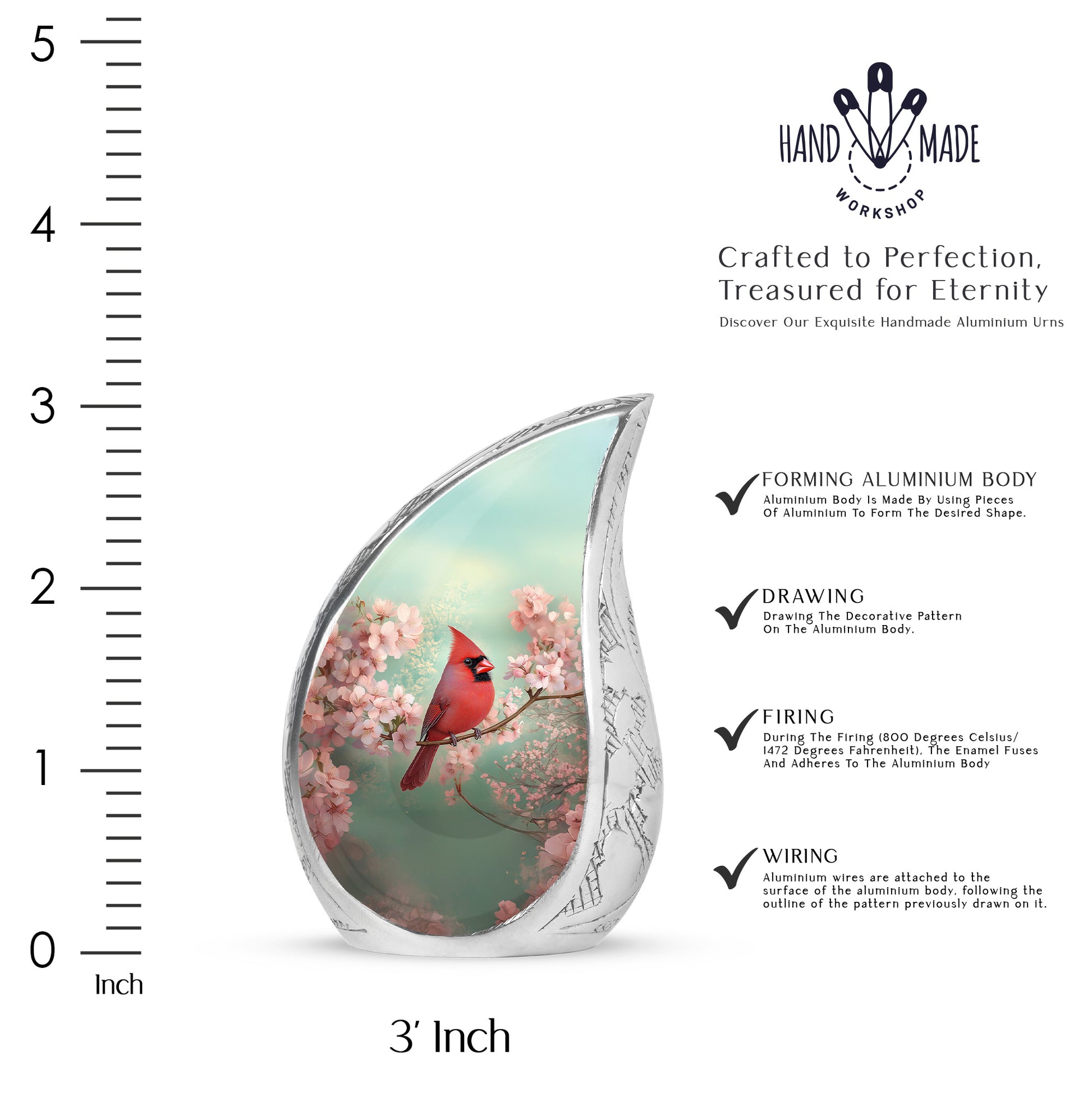 Jade Green Cardinal Cremation Urn angled view of lid and engraved motif - rounded teardrop cardinal design with delicate detail - mini keepsake memorial for portion of cremation ashes