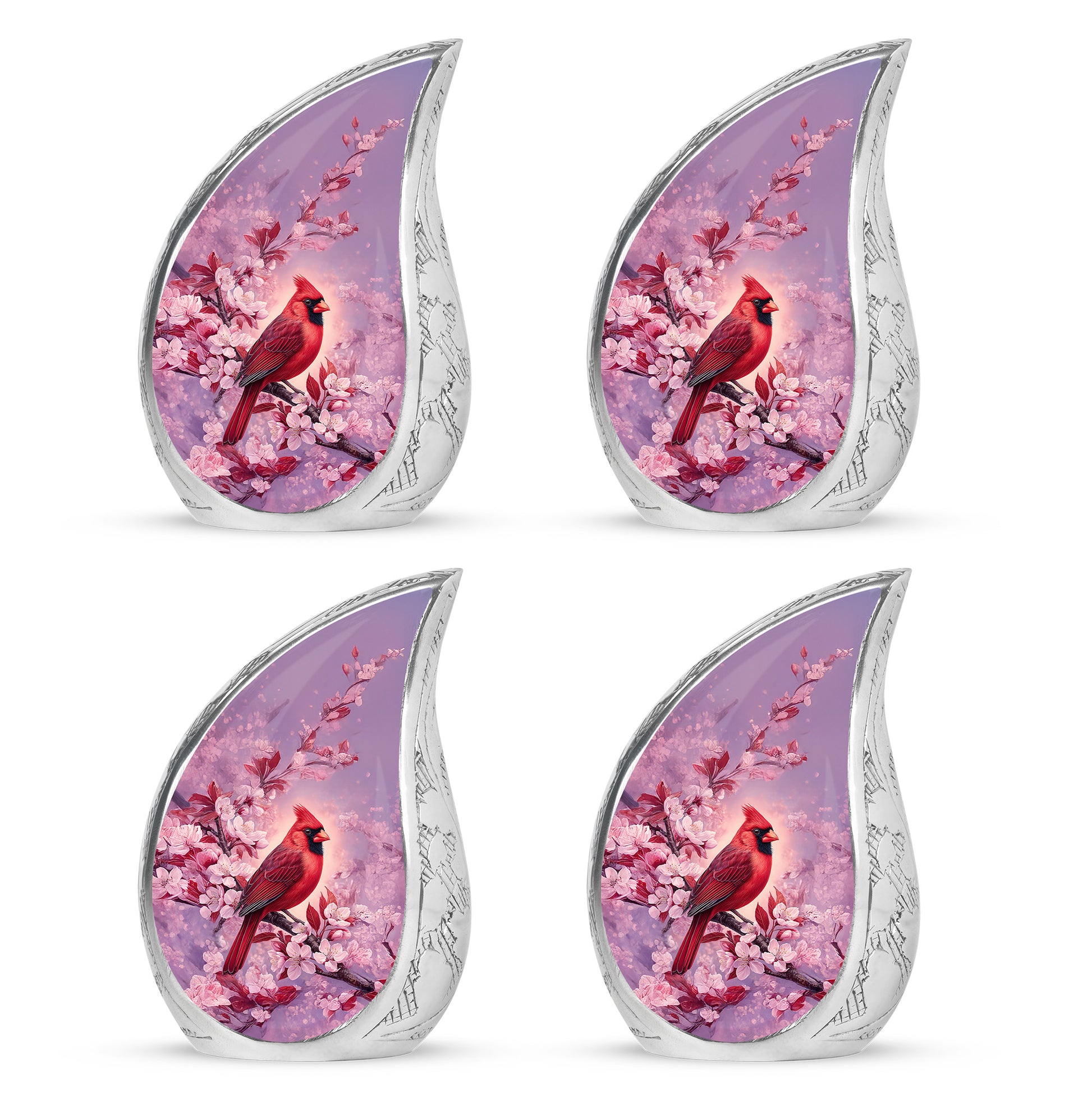Soft Pink Cardinal Cremation Urn close-up of engraving and surface detail - graceful tear-shaped urn with cardinal motif - 10 inch aluminum urn for cremated remains