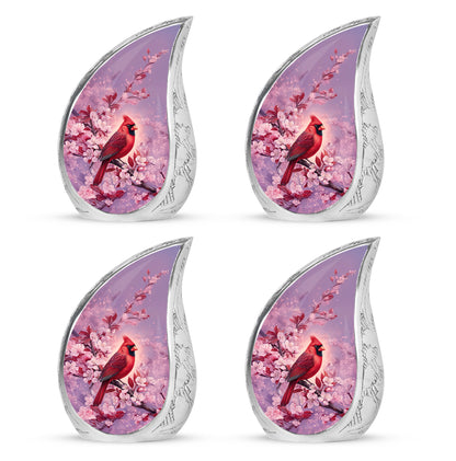 Soft Pink Cardinal Cremation Urn close-up of engraving and surface detail - graceful tear-shaped urn with cardinal motif - 10 inch aluminum urn for cremated remains