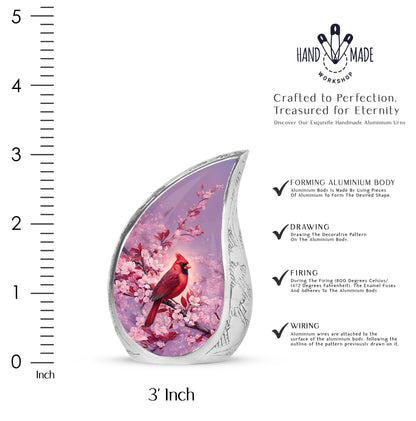 Blush Pink Cardinal Cremation Urn angled view of lid and engraved motif - rounded teardrop cardinal design with delicate detail - mini keepsake memorial for portion of cremation ashes