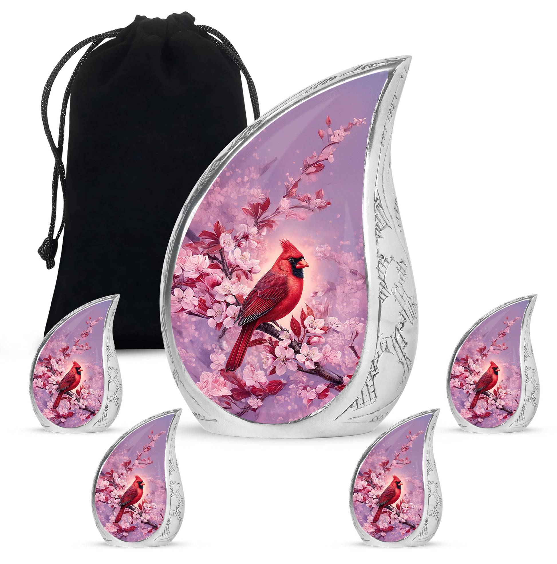 Petal Pink Cardinal Cremation Urn side profile showing urn shape - graceful tear-shaped urn with cardinal motif - memorial set with one large and four small urns