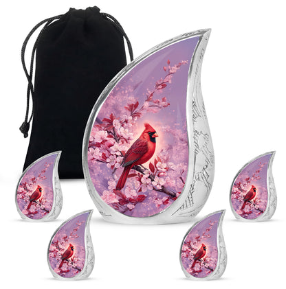 Petal Pink Cardinal Cremation Urn side profile showing urn shape - graceful tear-shaped urn with cardinal motif - memorial set with one large and four small urns
