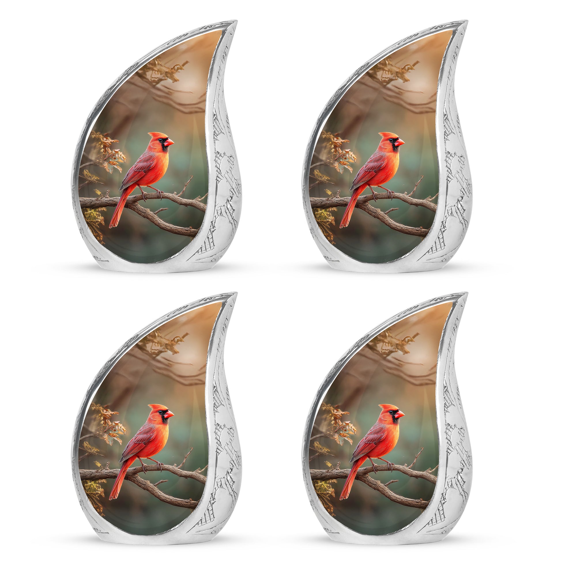 Pine Green Cardinal Cremation Urn close-up of engraving and surface detail - graceful tear-shaped urn with cardinal motif - 10 inch aluminum urn for cremated remains
