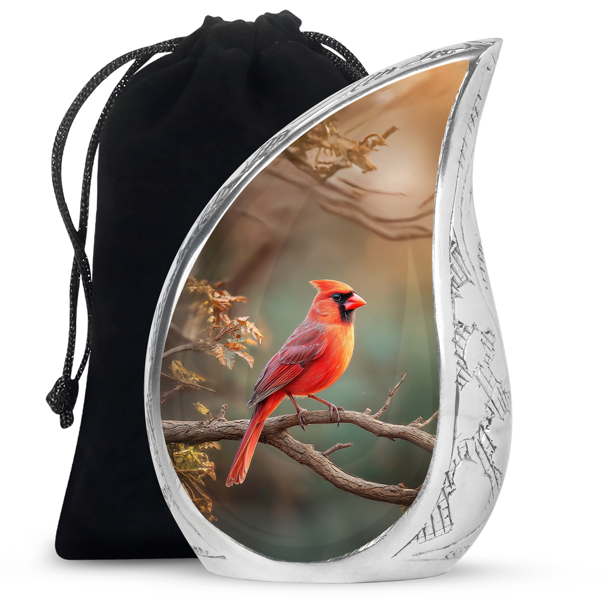 Verdant Green Cardinal Cremation Urn front view showing detailed design - flowing teardrop cardinal silhouette on curved aluminum - full-size 10 inch 200 cubic inch adult cremation urn