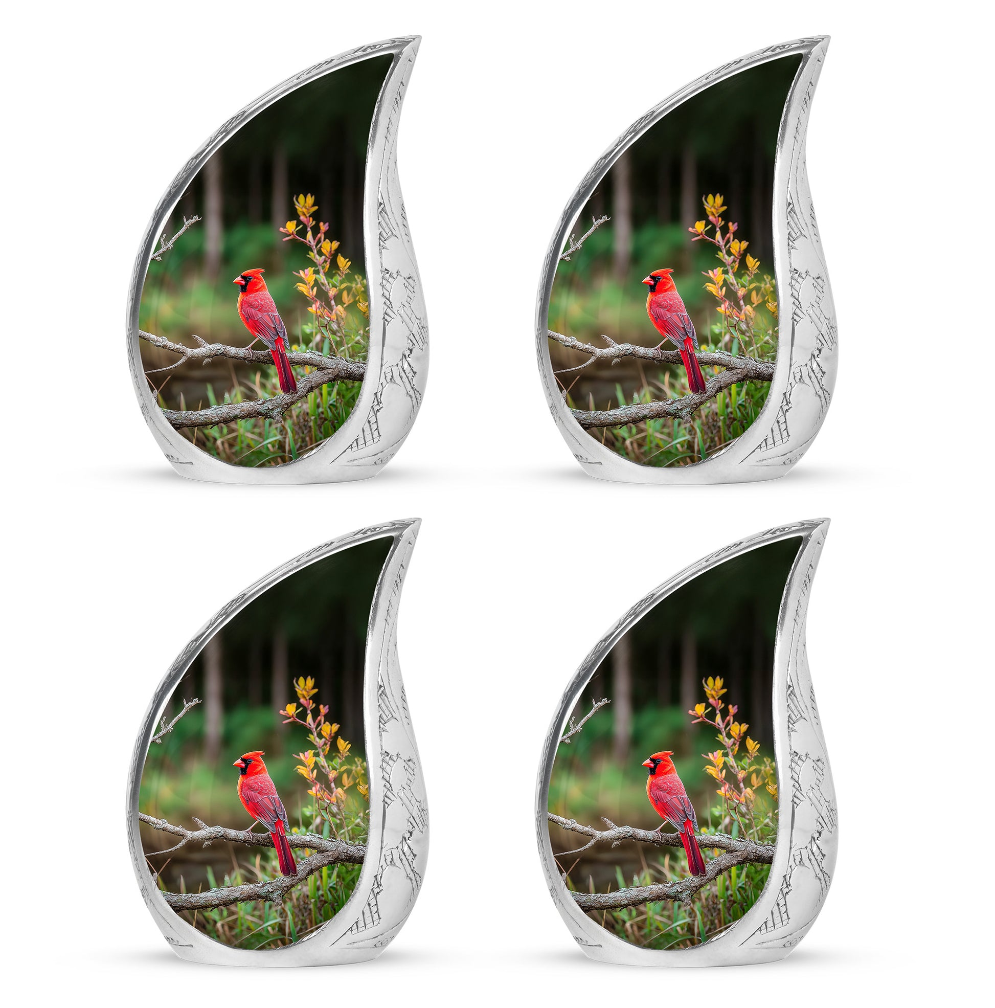 Sage Green Cardinal Cremation Urn close-up of engraving and surface detail - flowing teardrop cardinal silhouette on curved aluminum - 10 inch aluminum urn for cremated remains