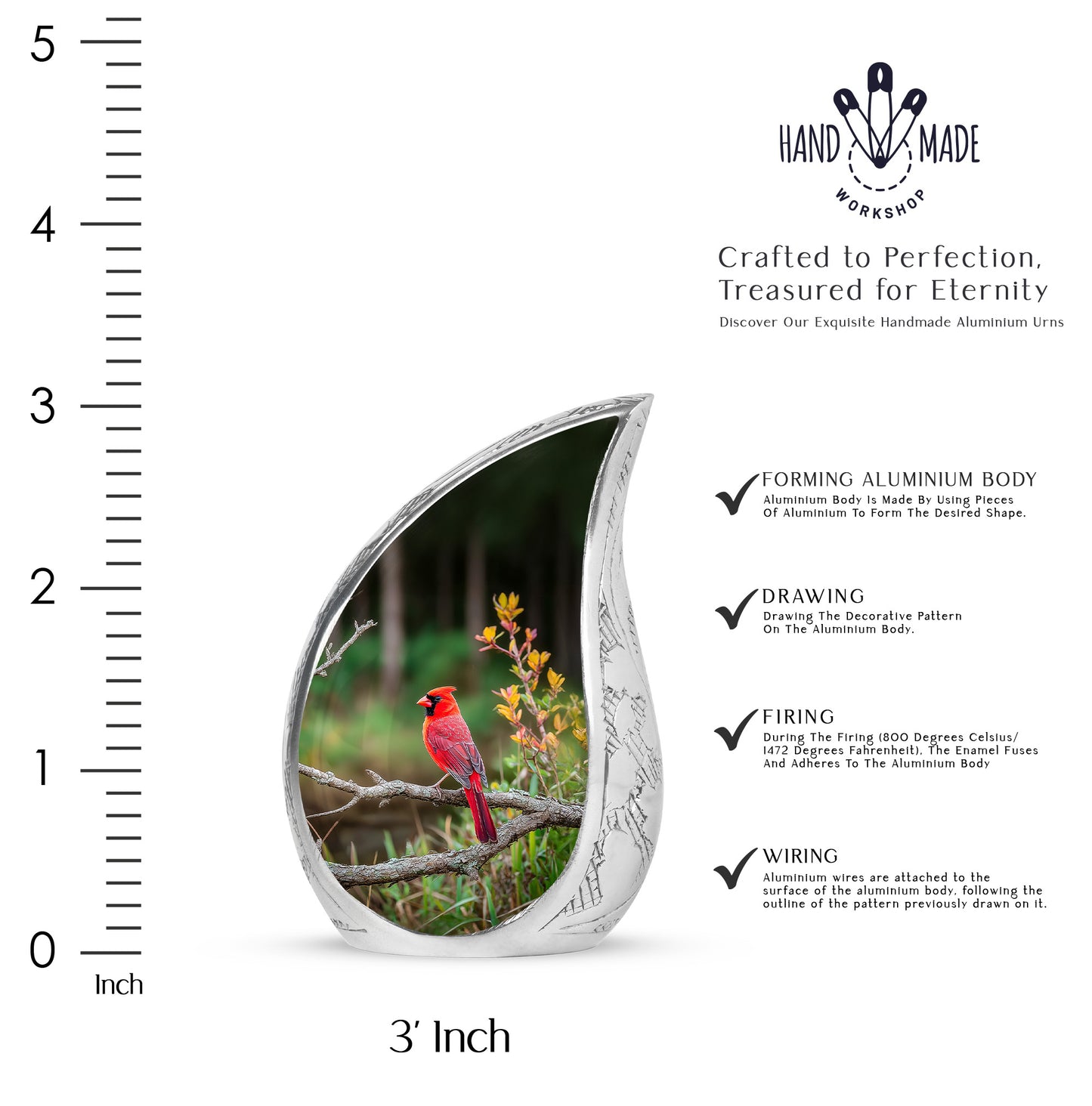 Hunter Green Cardinal Cremation Urn angled view of lid and engraved motif - smooth teardrop contour featuring cardinal art - mini keepsake memorial for portion of cremation ashes