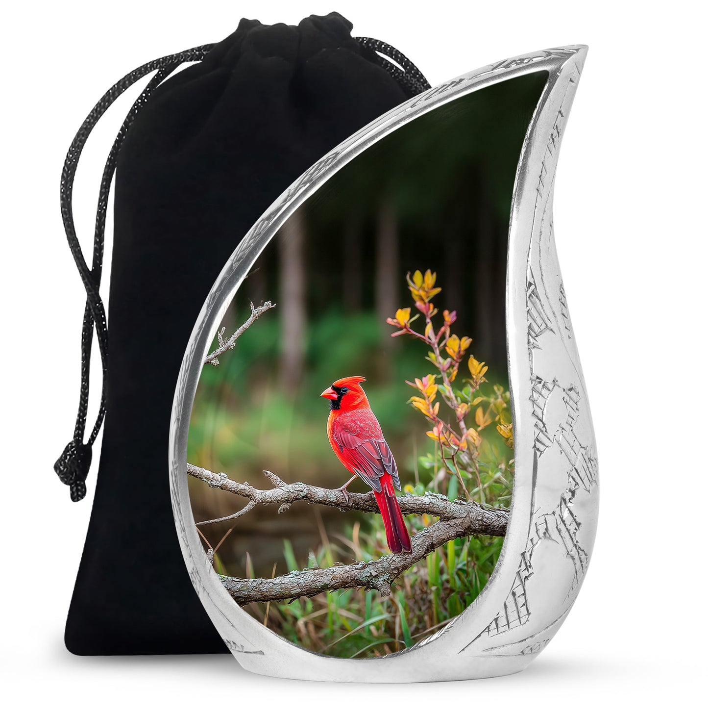 Sage Green Cardinal Cremation Urn front view showing detailed design - rounded teardrop cardinal design with delicate detail - full-size 10 inch 200 cubic inch adult cremation urn