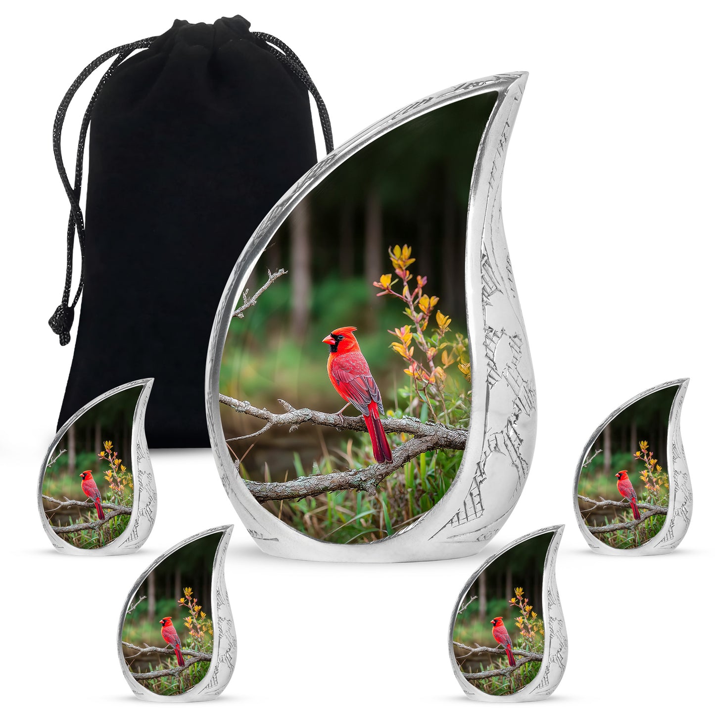 Olive Green Cardinal Cremation Urn side profile showing urn shape - graceful tear-shaped urn with cardinal motif - memorial set with one large and four small urns