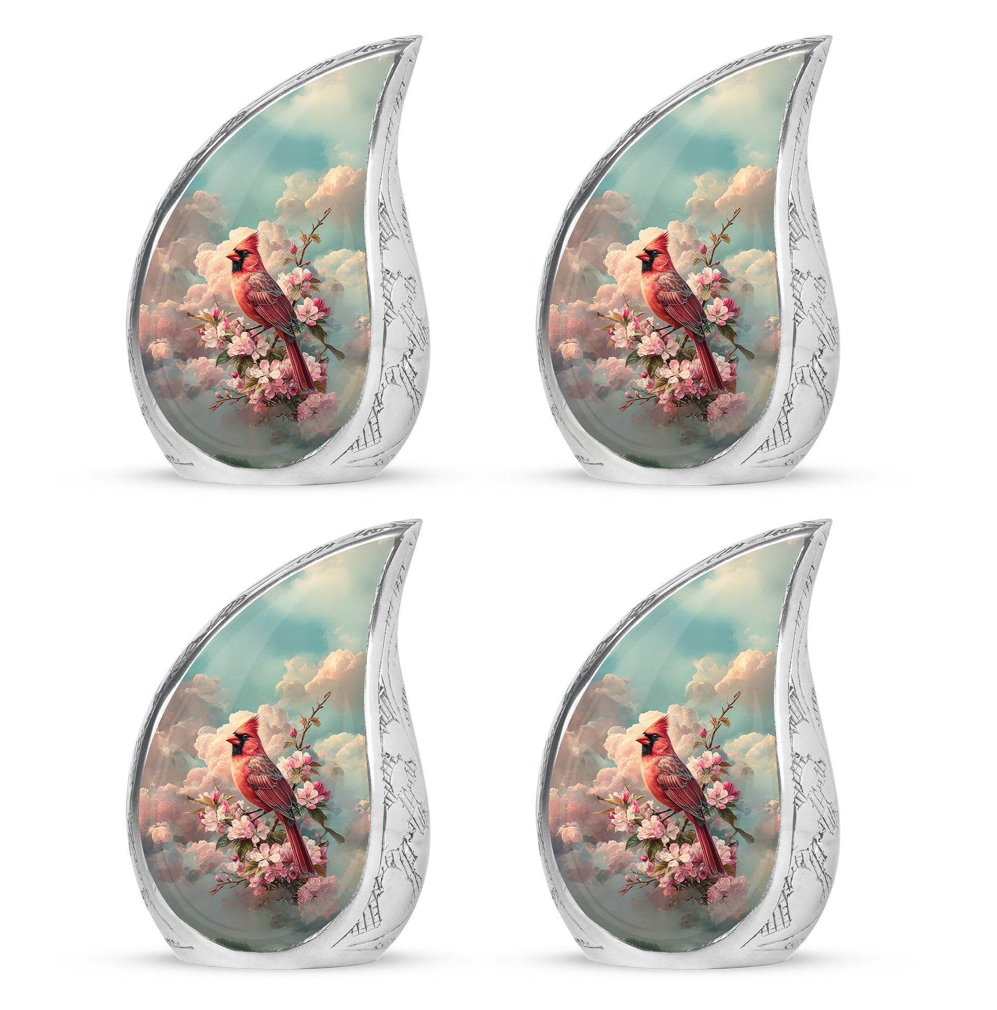 Jewel Teal Cardinal Cremation Urn close-up of engraving and surface detail - rounded teardrop cardinal design with delicate detail - 10 inch aluminum urn for cremated remains