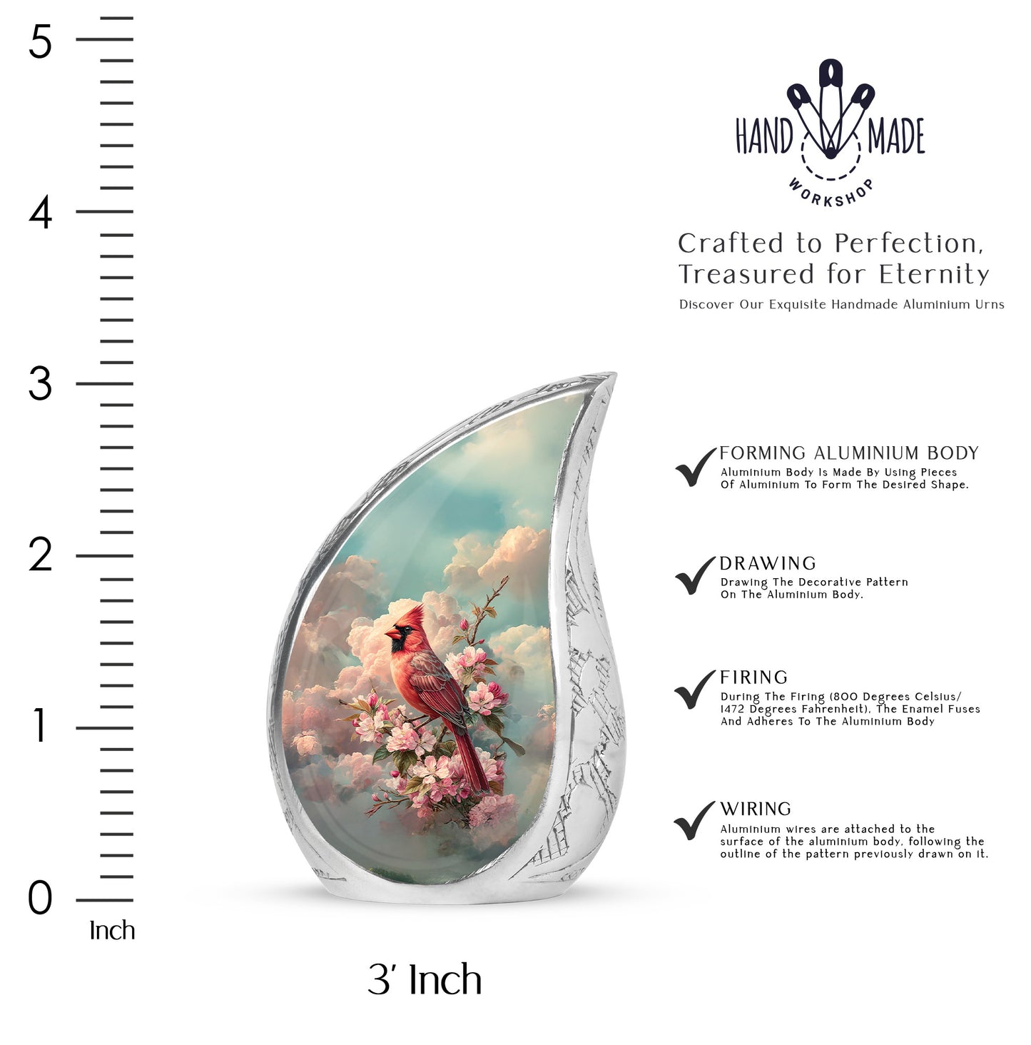 Mystic Teal Cardinal Cremation Urn angled view of lid and engraved motif - graceful tear-shaped urn with cardinal motif - mini keepsake memorial for portion of cremation ashes