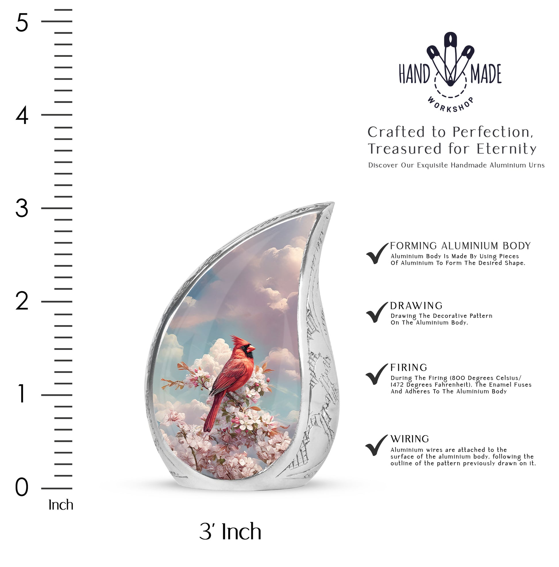 Pastel Blue Cardinal Cremation Urn angled view of lid and engraved motif - flowing teardrop cardinal silhouette on curved aluminum - mini keepsake memorial for portion of cremation ashes