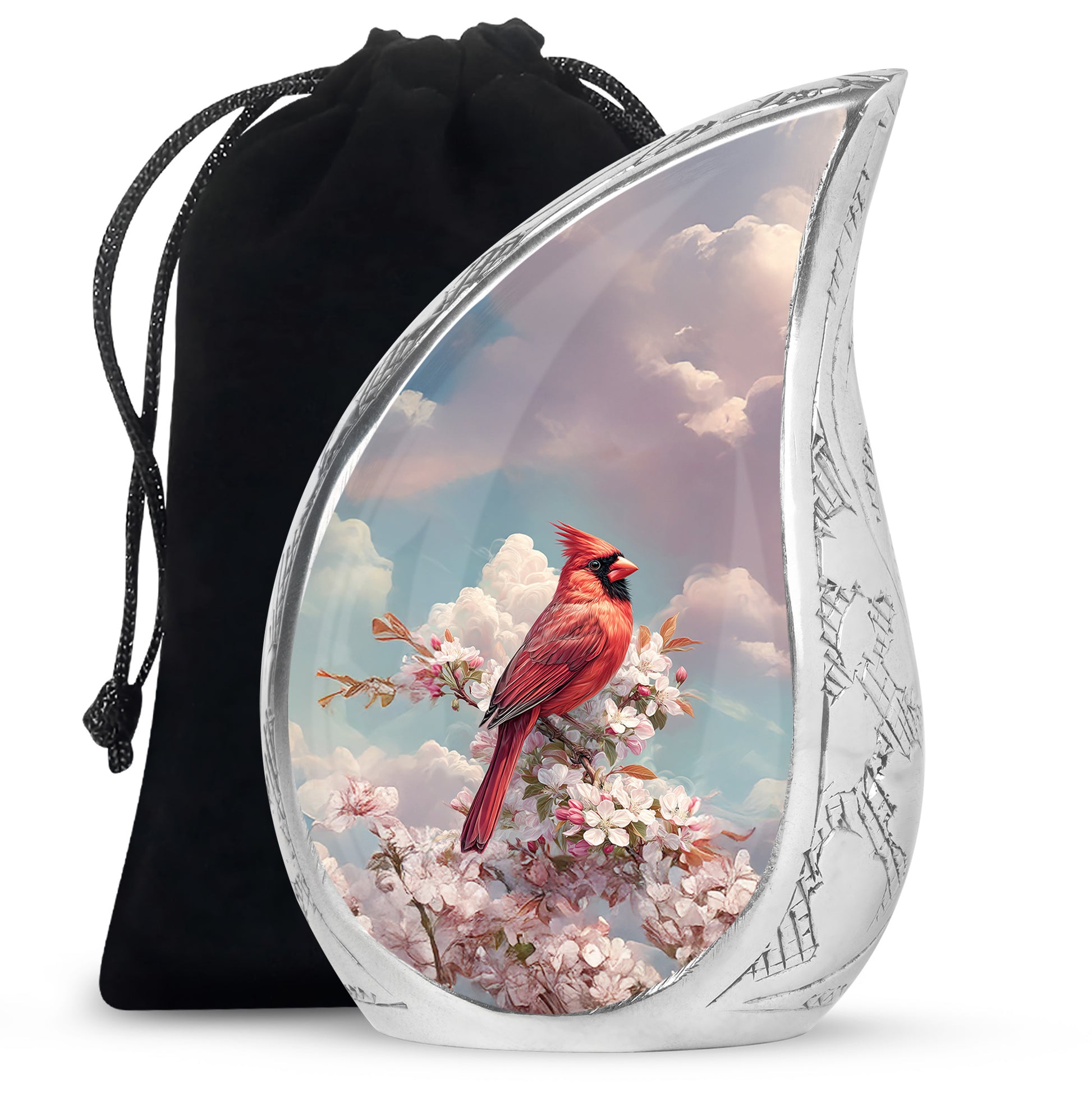Indigo Cardinal Cremation Urn front view showing detailed design - rounded teardrop cardinal design with delicate detail - full-size 10 inch 200 cubic inch adult cremation urn