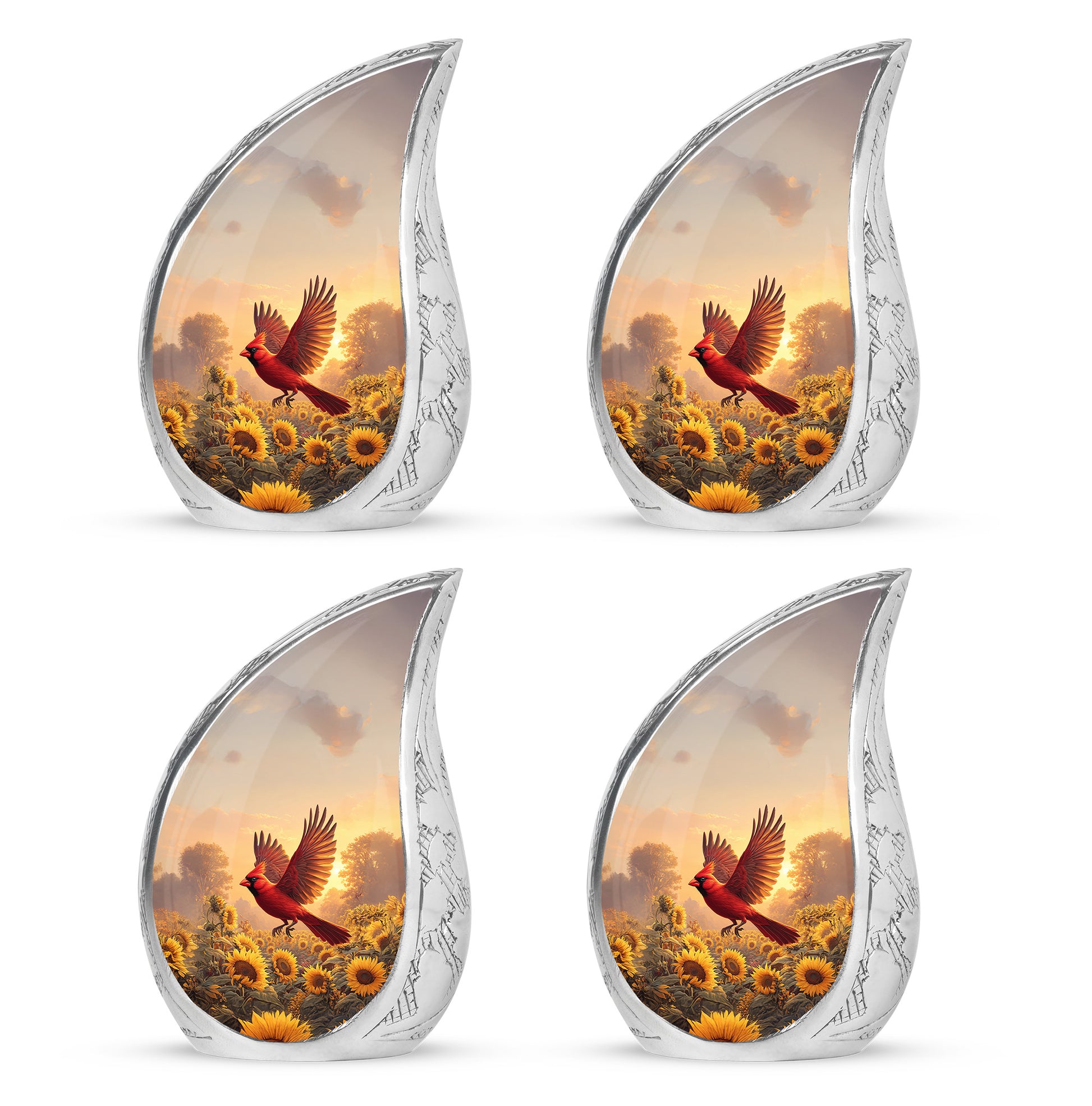 Royal Gold Cardinal Cremation Urn close-up of engraving and surface detail - graceful tear-shaped urn with cardinal motif - 10 inch aluminum urn for cremated remains