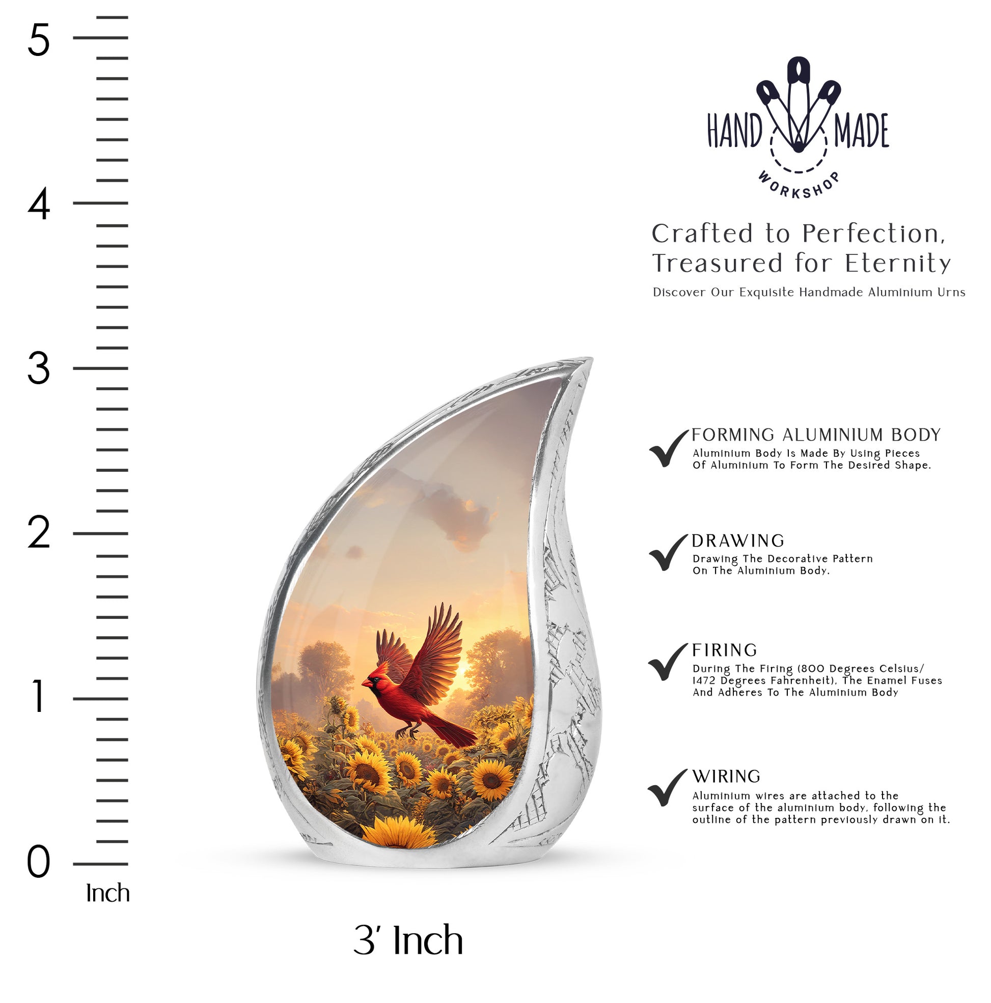 Harvest Gold Cardinal Cremation Urn angled view of lid and engraved motif - smooth teardrop contour featuring cardinal art - mini keepsake memorial for portion of cremation ashes