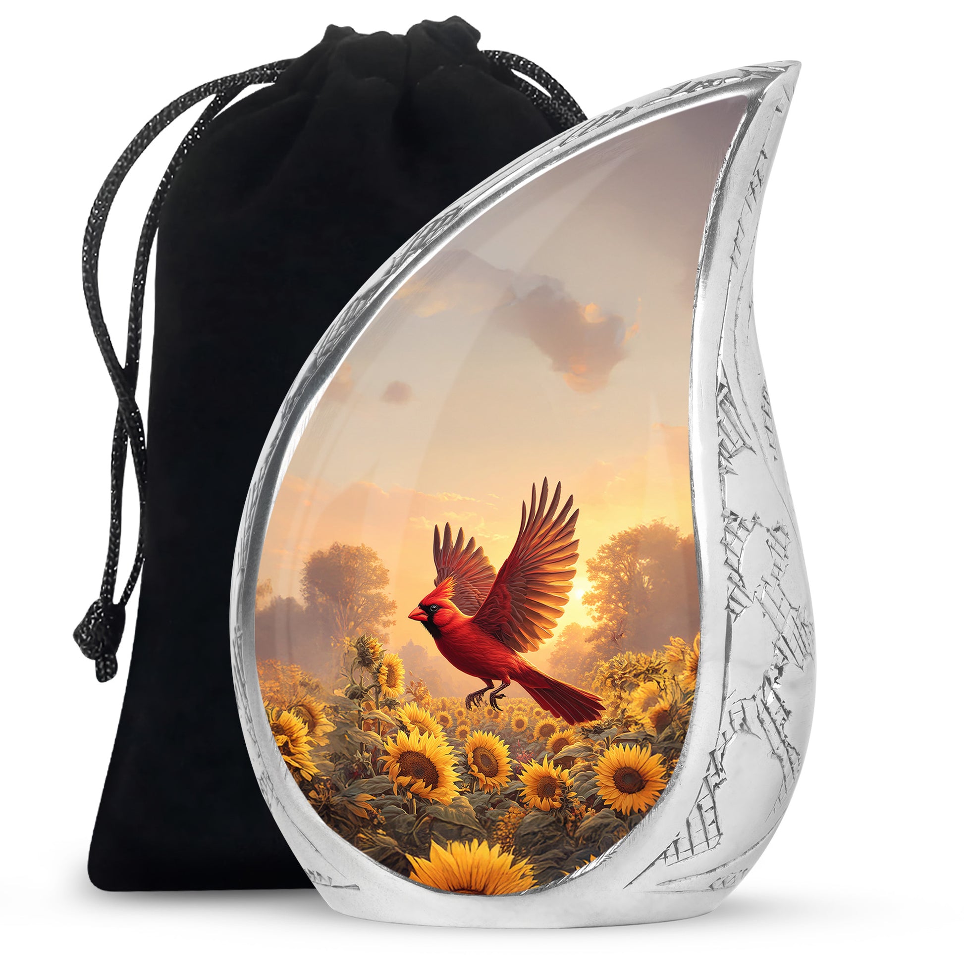 Champagne Gold Cardinal Cremation Urn front view showing detailed design - flowing teardrop cardinal silhouette on curved aluminum - full-size 10 inch 200 cubic inch adult cremation urn