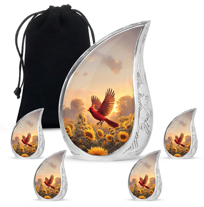 Warm Gold Cardinal Cremation Urn side profile showing urn shape - graceful tear-shaped urn with cardinal motif - memorial set with one large and four small urns