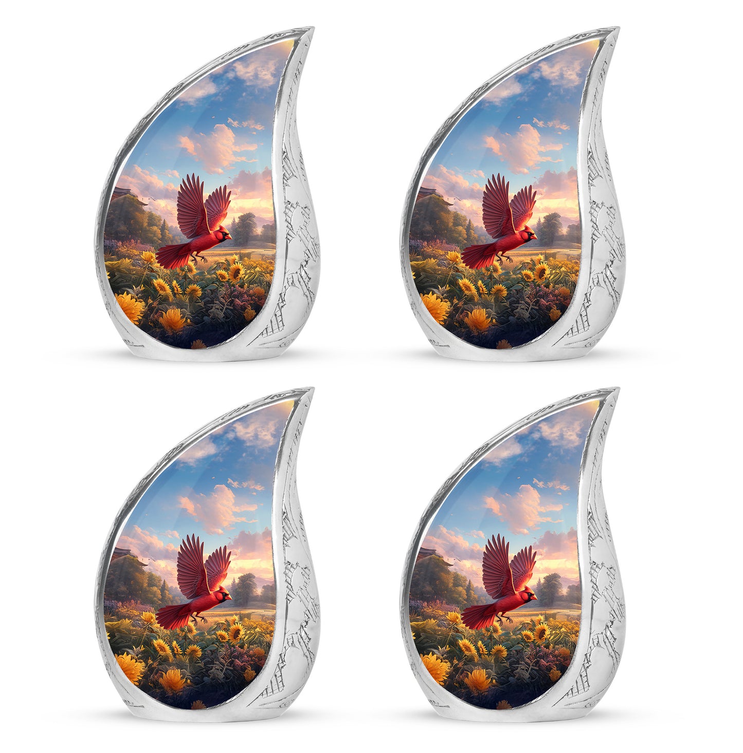 Cornflower Blue Cardinal Cremation Urn close-up of engraving and surface detail - smooth teardrop contour featuring cardinal art - 10 inch aluminum urn for cremated remains