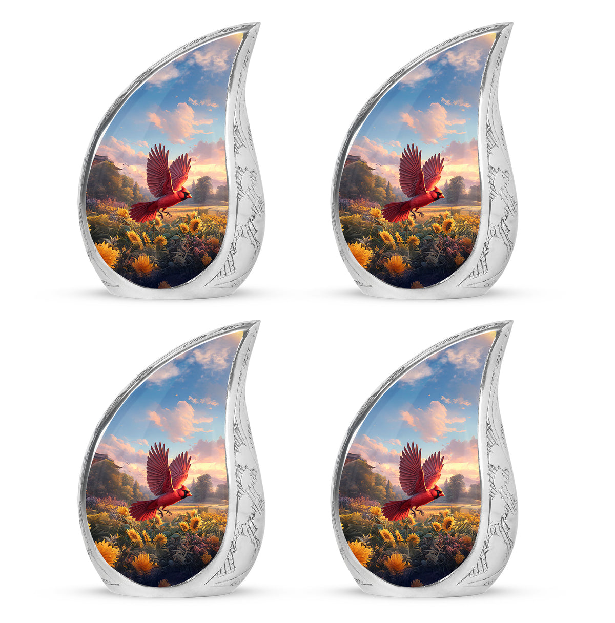 Cornflower Blue Cardinal Cremation Urn close-up of engraving and surface detail - smooth teardrop contour featuring cardinal art - 10 inch aluminum urn for cremated remains
