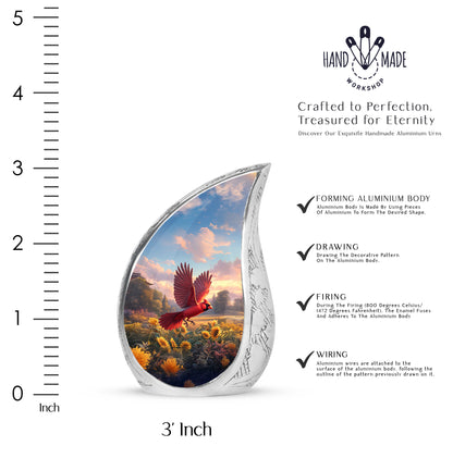 Sapphire Blue Cardinal Cremation Urn angled view of lid and engraved motif - graceful tear-shaped urn with cardinal motif - mini keepsake memorial for portion of cremation ashes