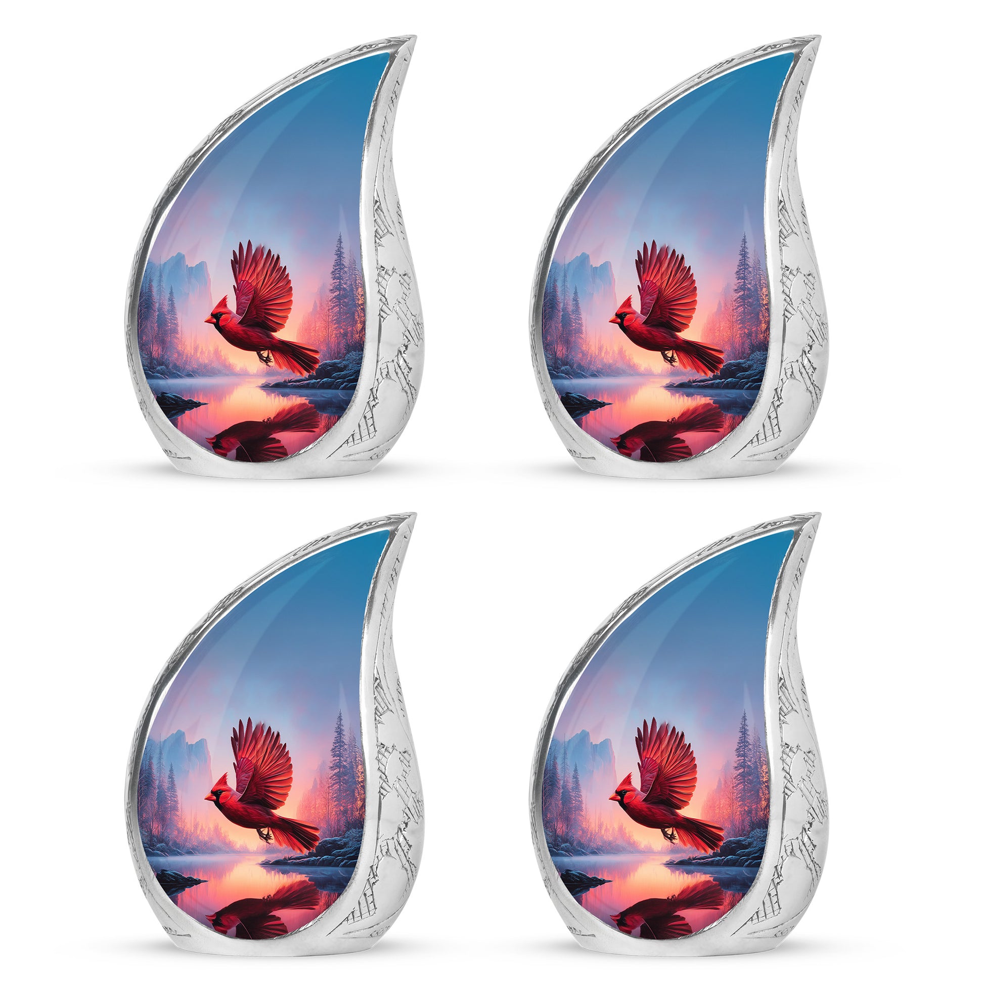 Sky Blue Cardinal Cremation Urn close-up of engraving and surface detail - rounded teardrop cardinal design with delicate detail - 10 inch aluminum urn for cremated remains