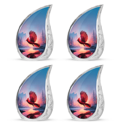 Sky Blue Cardinal Cremation Urn close-up of engraving and surface detail - rounded teardrop cardinal design with delicate detail - 10 inch aluminum urn for cremated remains