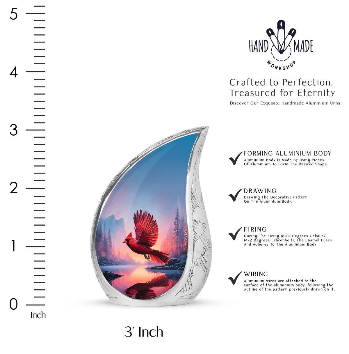 Navy Blue Cardinal Cremation Urn angled view of lid and engraved motif - flowing teardrop cardinal silhouette on curved aluminum - mini keepsake memorial for portion of cremation ashes