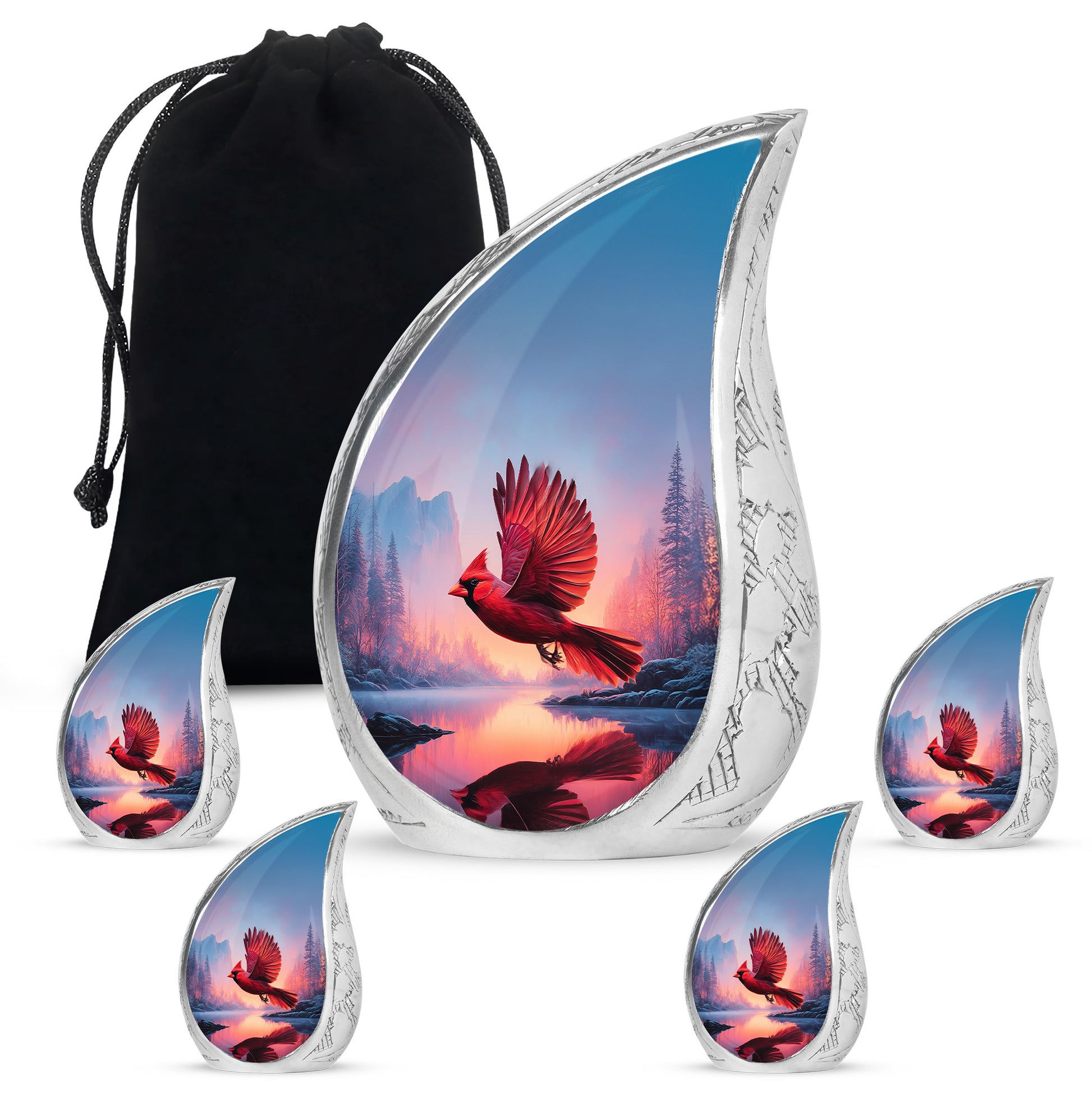 Icy Blue Cardinal Cremation Urn side profile showing urn shape - flowing teardrop cardinal silhouette on curved aluminum - memorial set with one large and four small urns