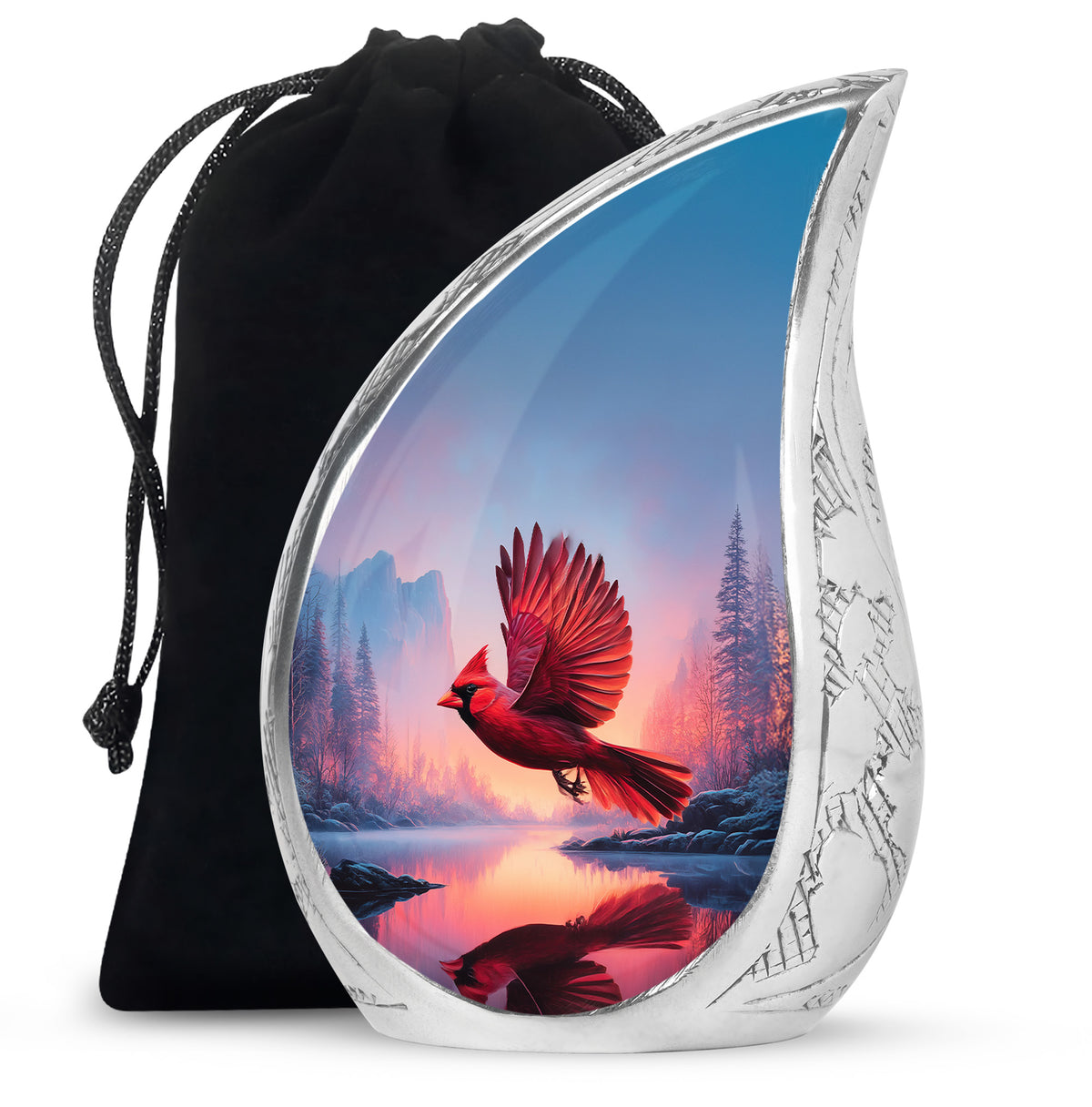 Slate Blue Cardinal Cremation Urn front view showing detailed design - flowing teardrop cardinal silhouette on curved aluminum - full-size 10 inch 200 cubic inch adult cremation urn