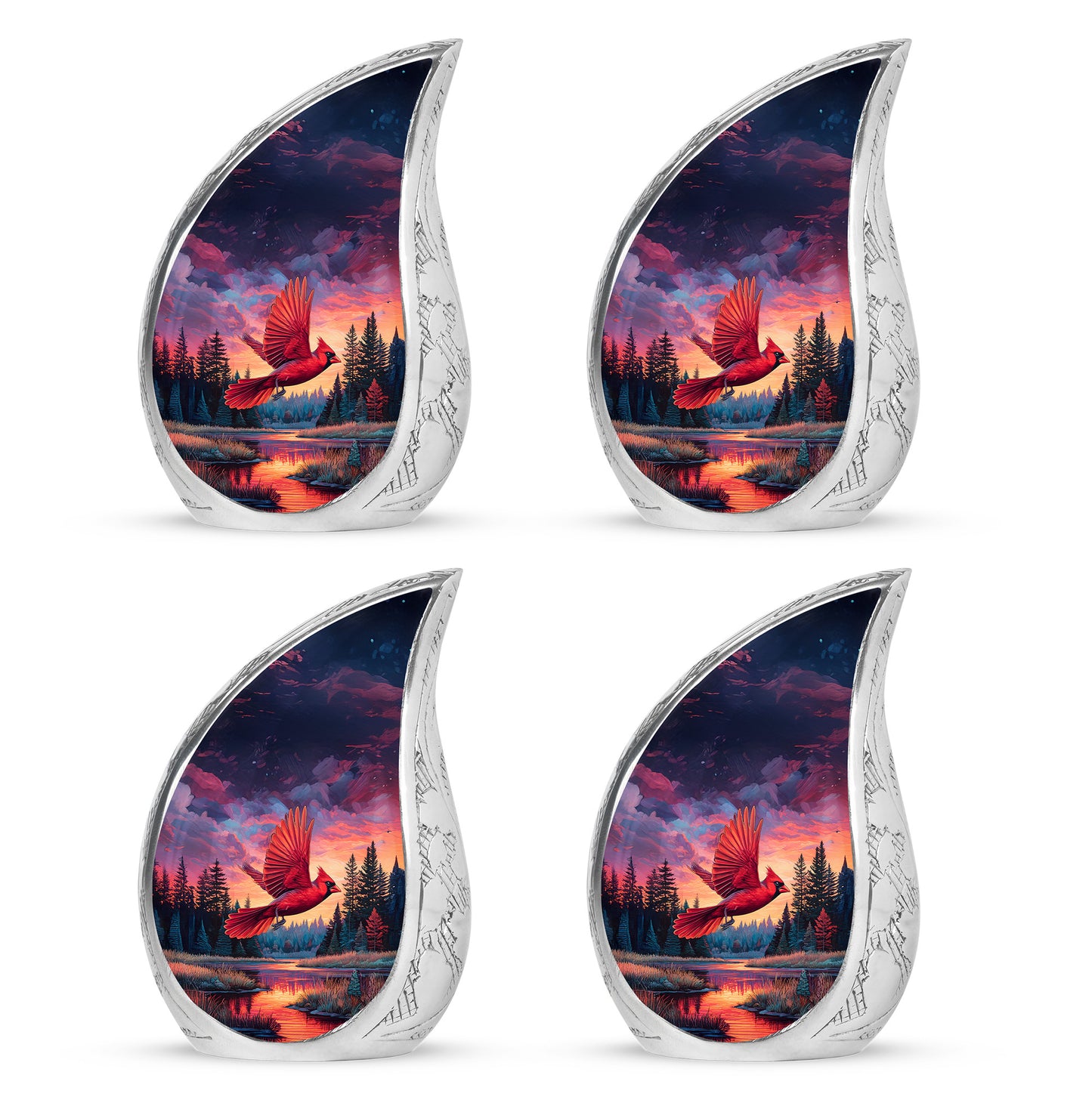 Twilight Blue Cardinal Cremation Urn close-up of engraving and surface detail - smooth teardrop contour featuring cardinal art - 10 inch aluminum urn for cremated remains